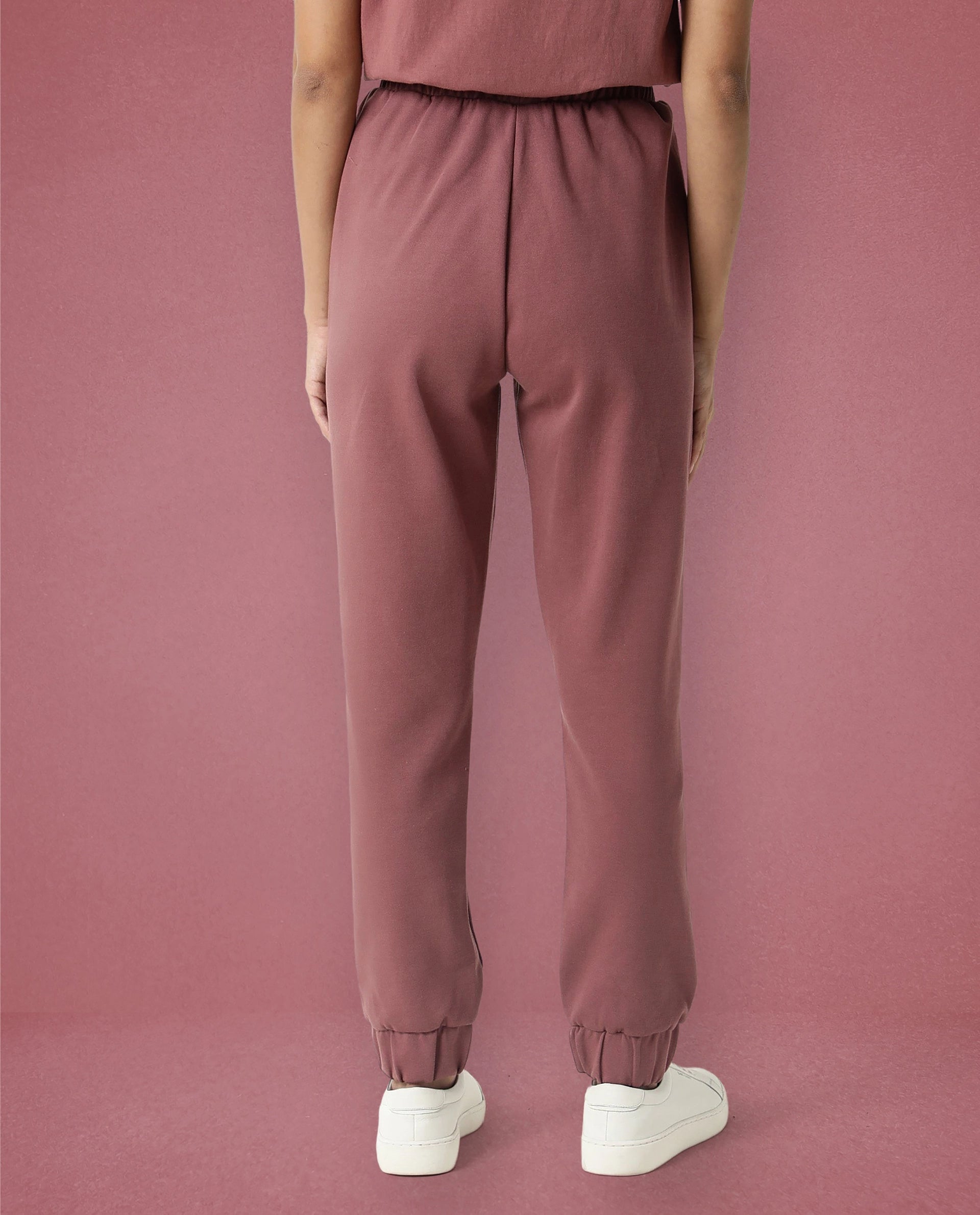 Rareism Women Creta Dark Pink Cotton Blend Fabric Relaxed Fit Solid Mid Rise Ankle Length Track Pant