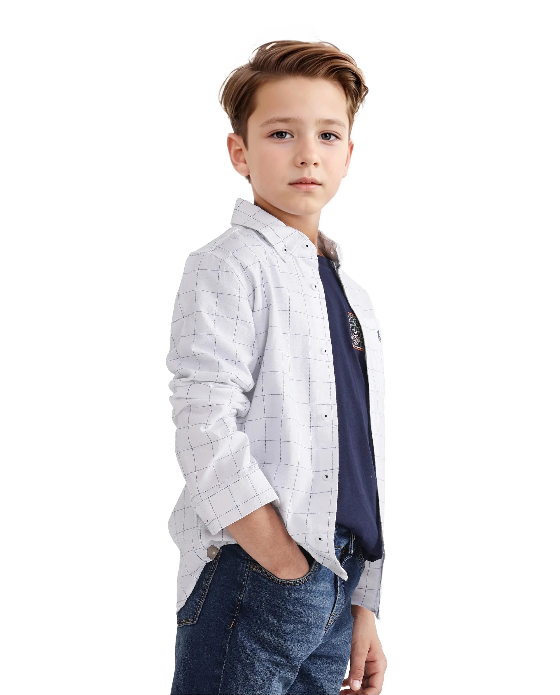 Rare Ones Kids Crew White Cotton Full Sleeves Button Down Collar Regular Fit Checked Shirt