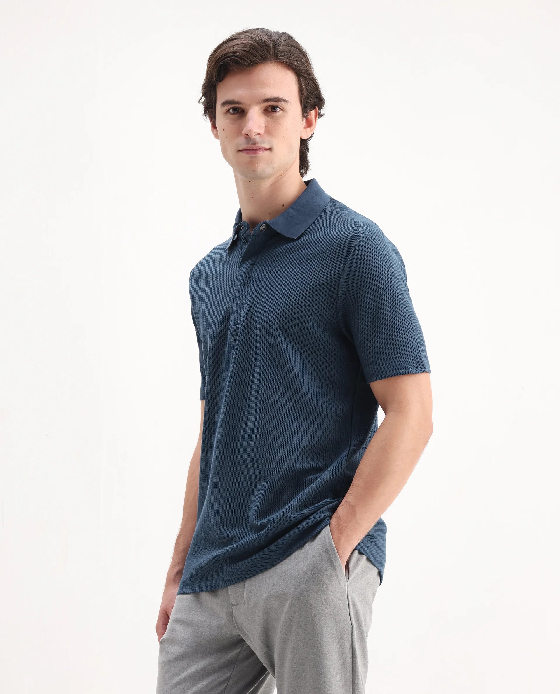 Rare Rabbit Men's Crin Blue Cotton Plain Regular Fit Half Sleeve Polo