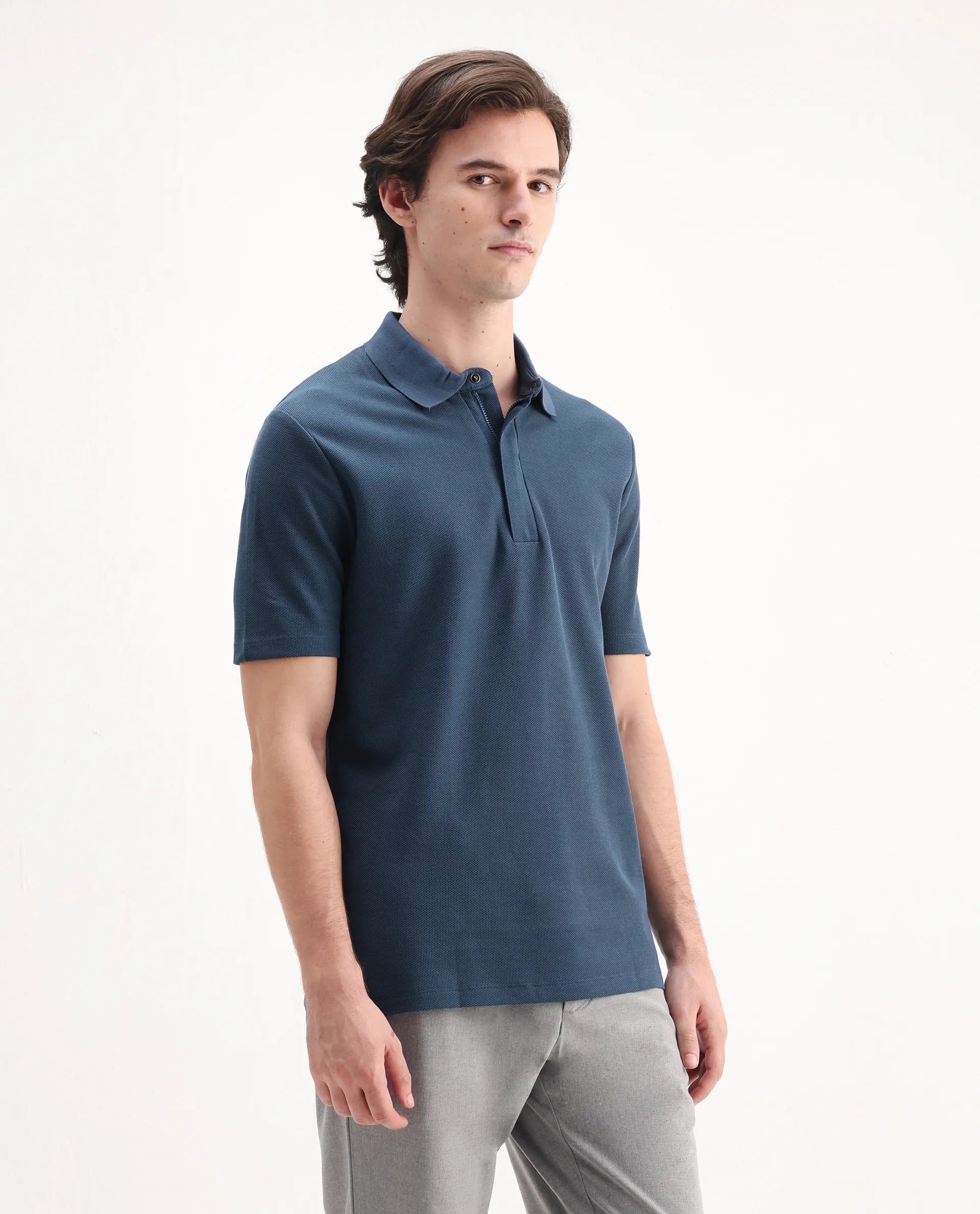 Rare Rabbit Men's Crin Blue Cotton Plain Regular Fit Half Sleeve Polo
