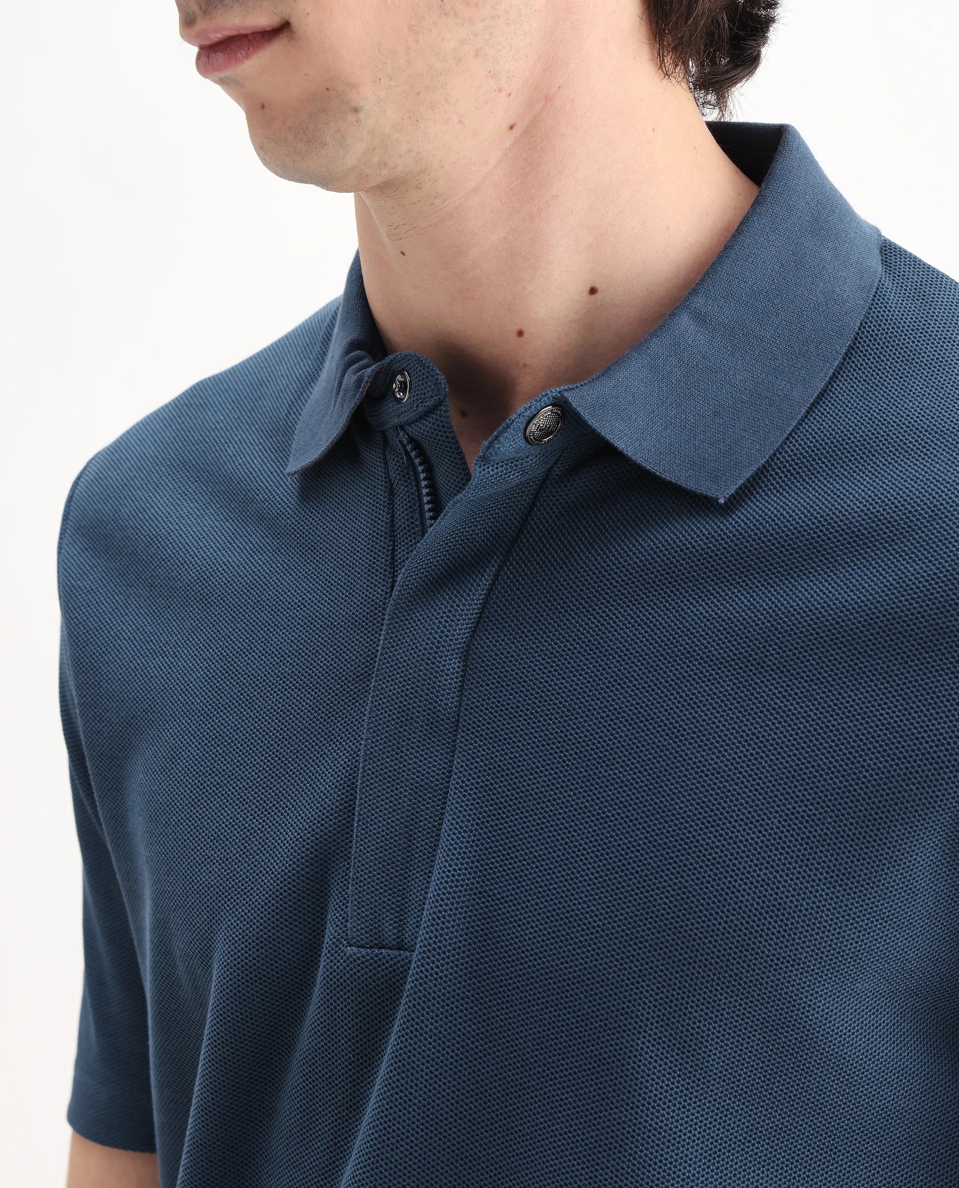 Rare Rabbit Men's Crin Blue Cotton Plain Regular Fit Half Sleeve Polo