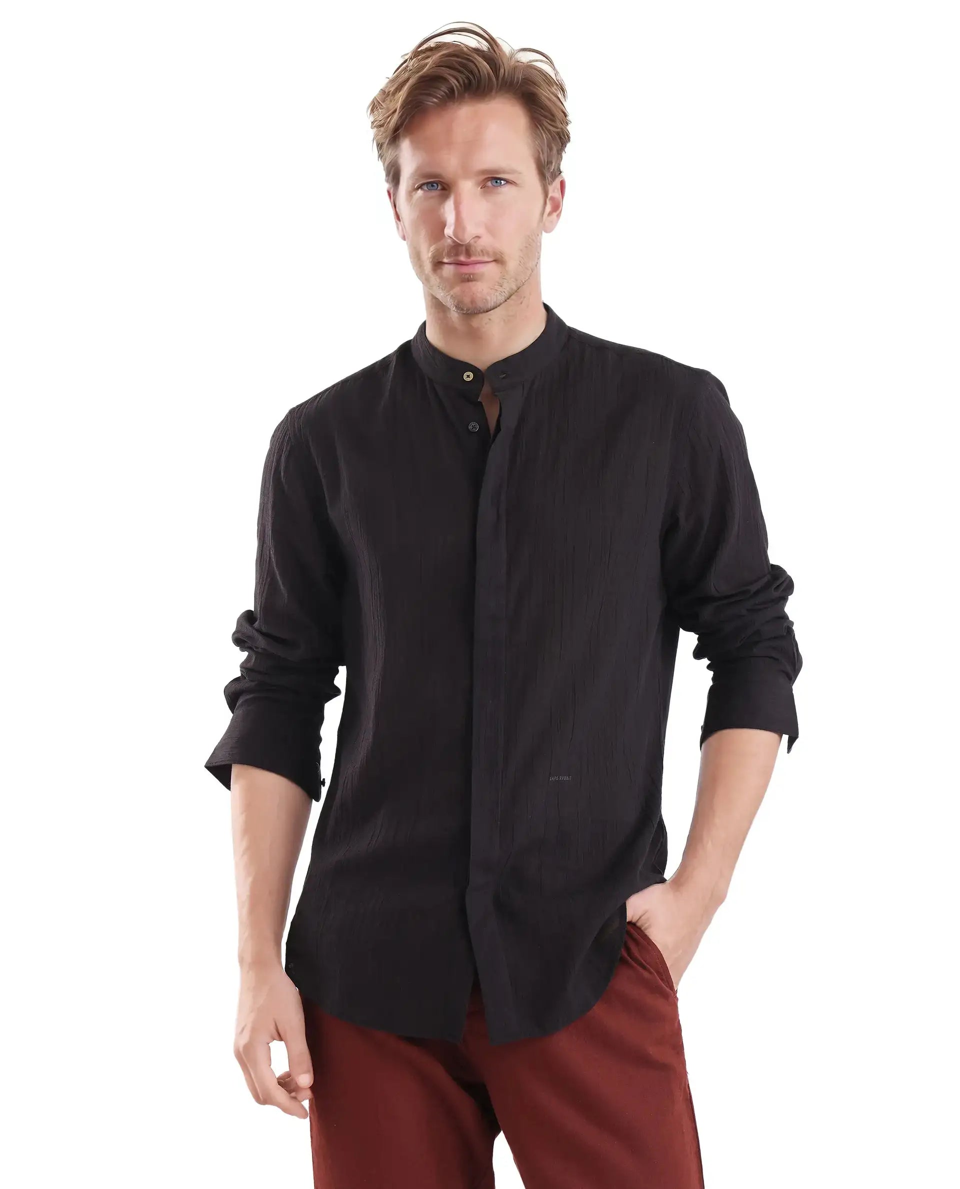 Rare Rabbit Men Crinkle-25 Black Cotton Fabric Full Sleeve Mandarin Collar Button Closure Plain Shirt