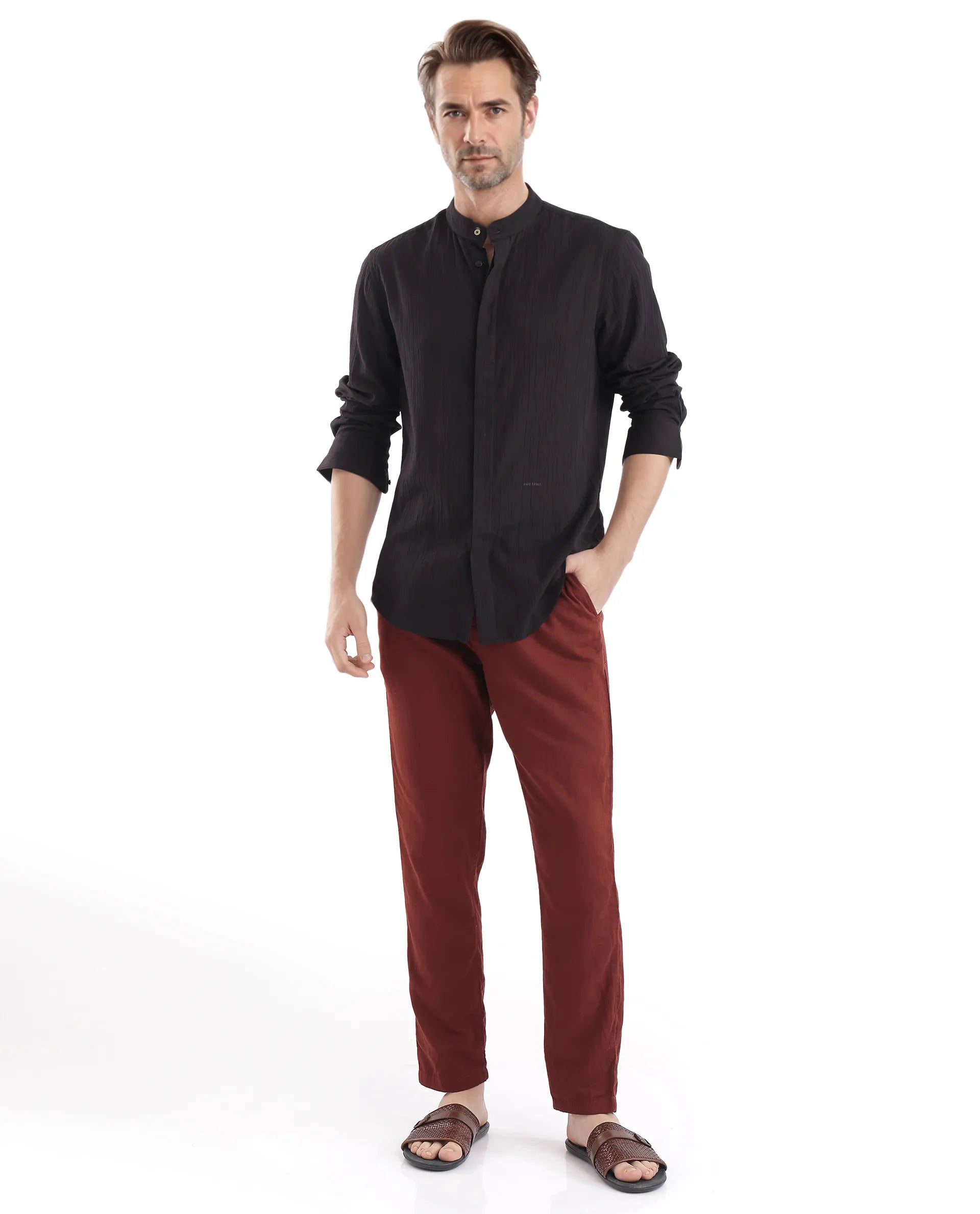 Rare Rabbit Men Crinkle-25 Black Cotton Fabric Full Sleeve Mandarin Collar Button Closure Plain Shirt