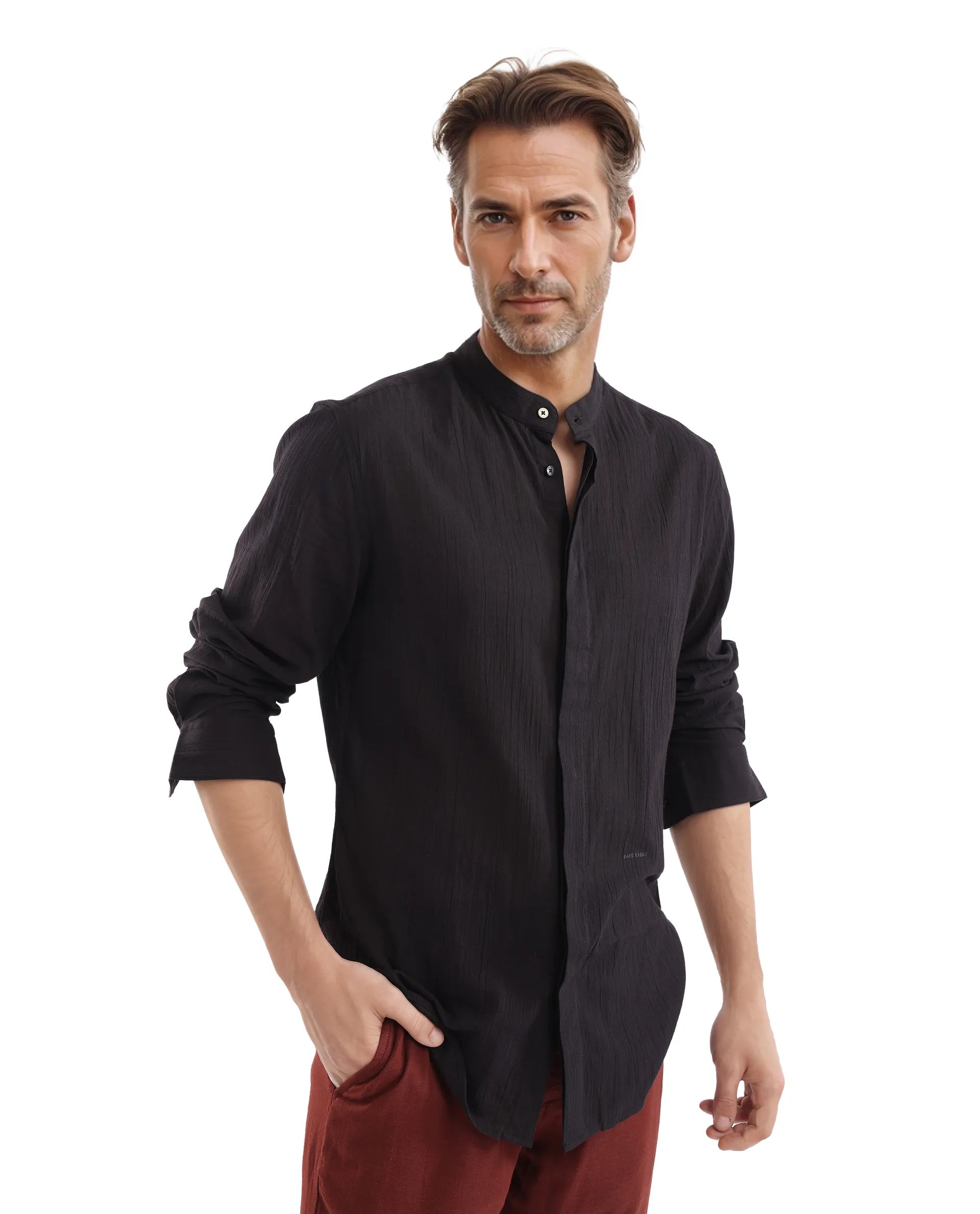 Rare Rabbit Men Crinkle-25 Black Cotton Fabric Full Sleeve Mandarin Collar Button Closure Plain Shirt