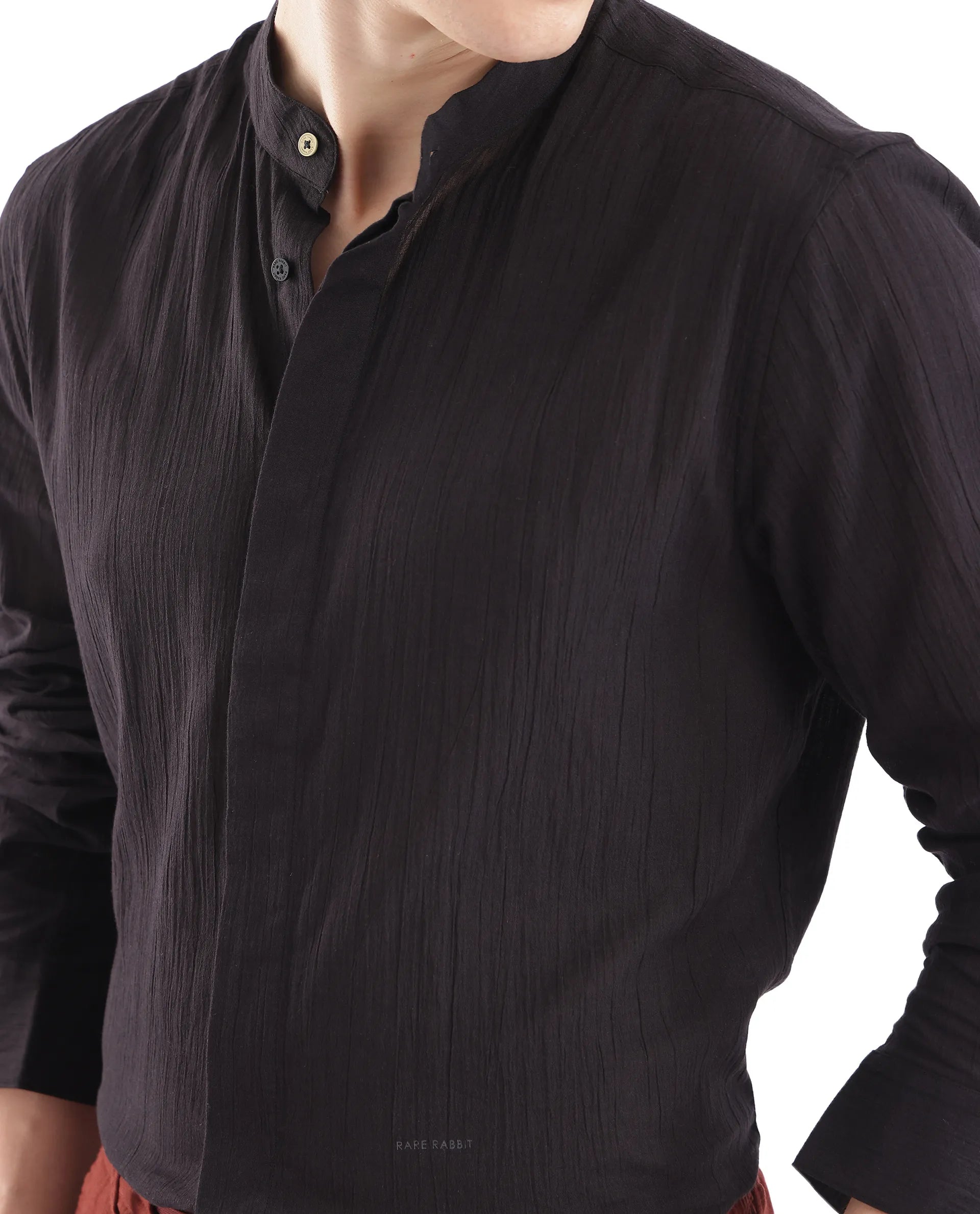 Rare Rabbit Men Crinkle-25 Black Cotton Fabric Full Sleeve Mandarin Collar Button Closure Plain Shirt
