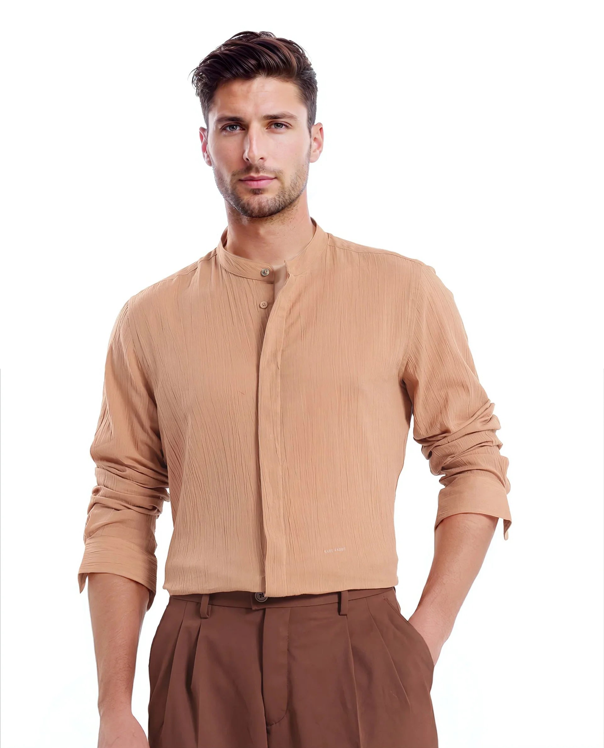 Rare Rabbit Men Crinkle-25 Dusky Brown Cotton Fabric Full Sleeve Mandarin Collar Button Closure Plain Shirt