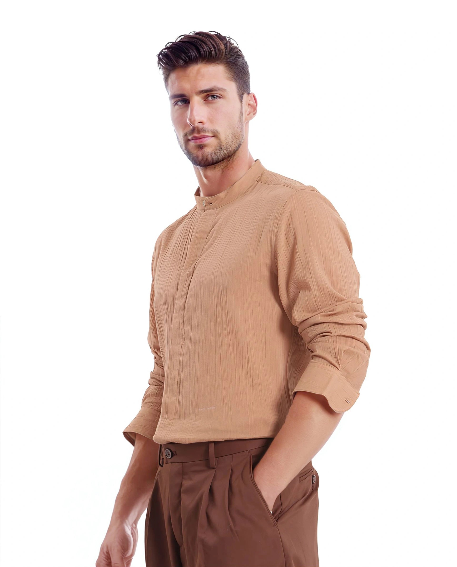 Rare Rabbit Men Crinkle-25 Dusky Brown Cotton Fabric Full Sleeve Mandarin Collar Button Closure Plain Shirt