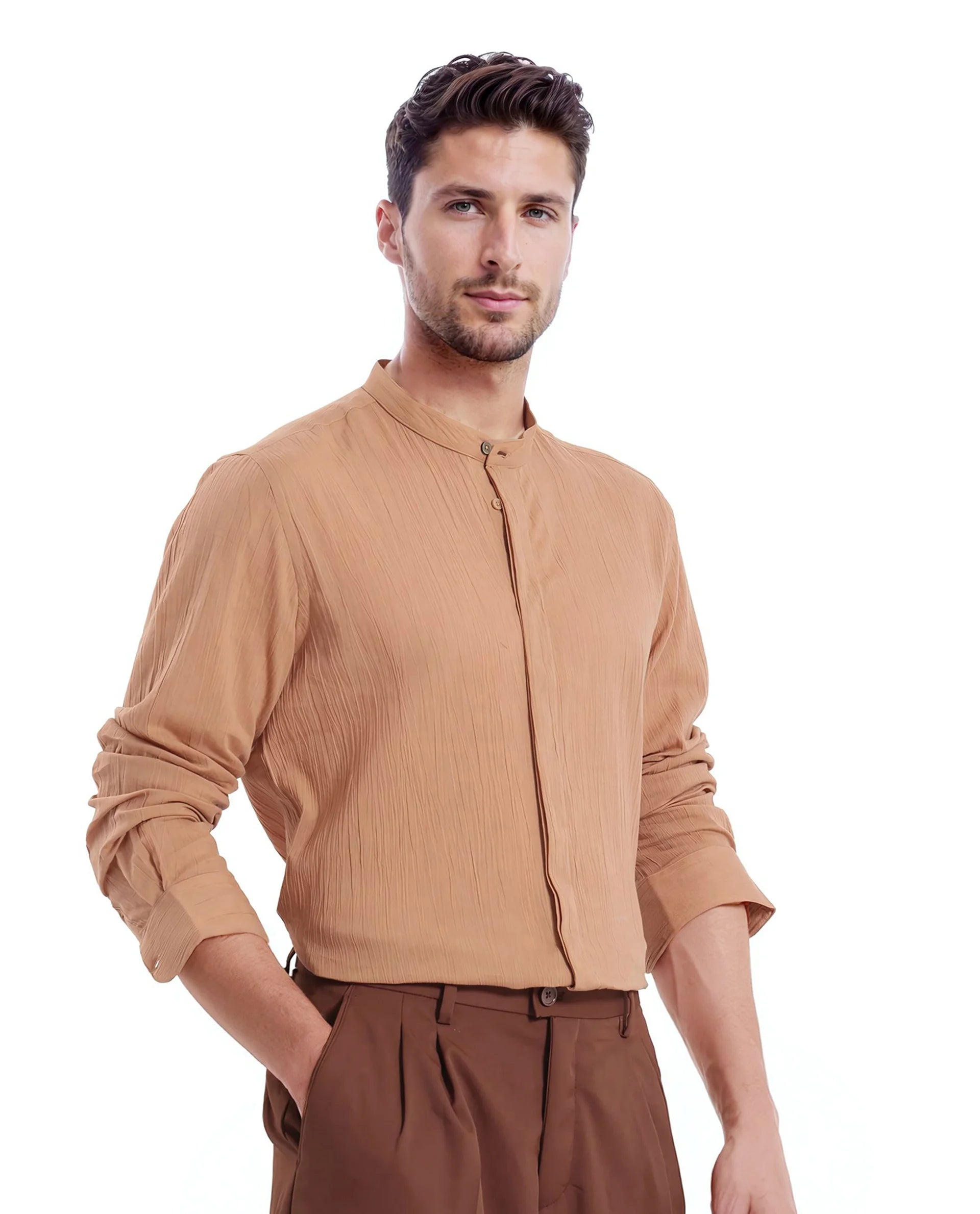 Rare Rabbit Men Crinkle-25 Dusky Brown Cotton Fabric Full Sleeve Mandarin Collar Button Closure Plain Shirt