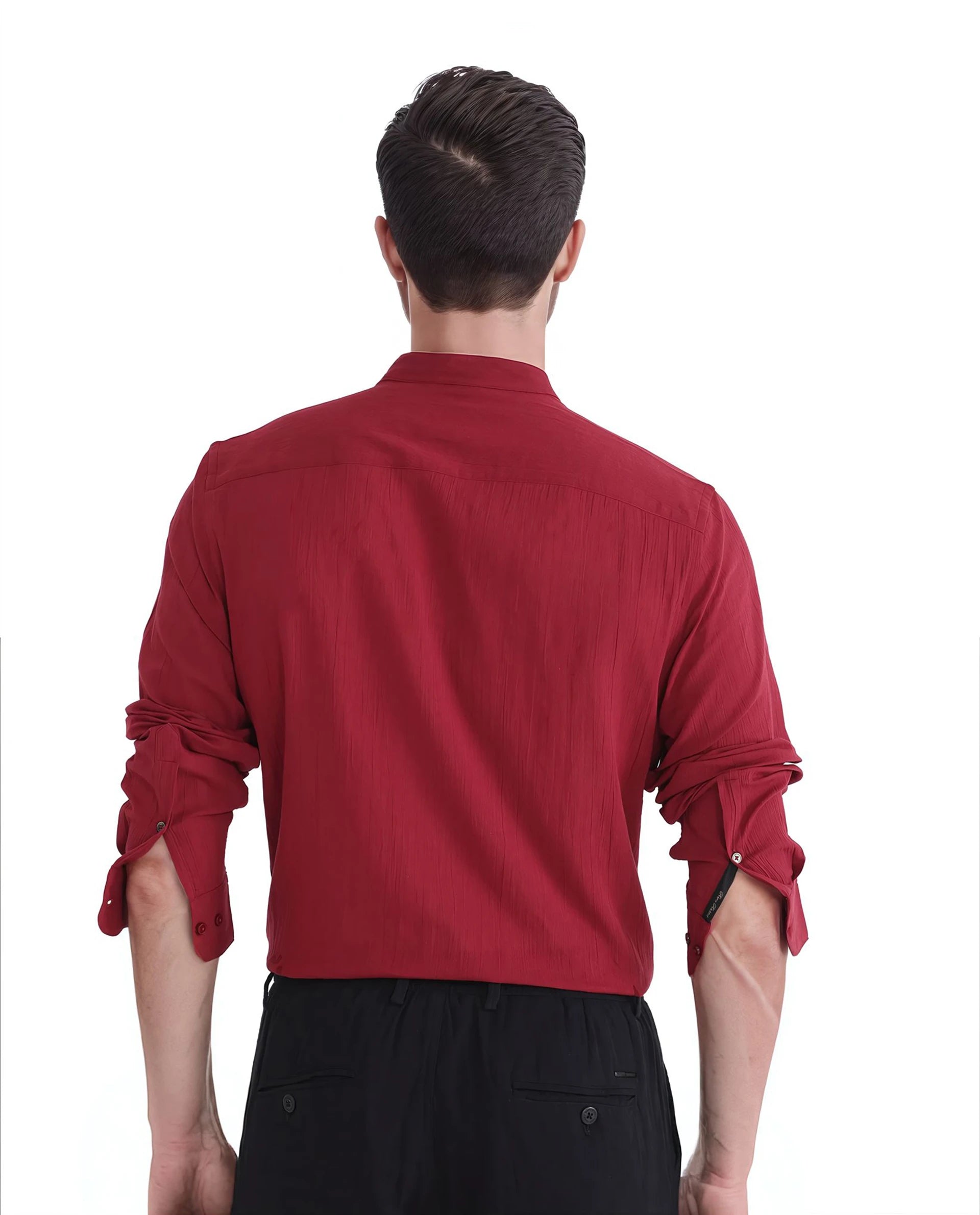 Rare Rabbit Men Crinkle-25 Red Cotton Fabric Mandarin Collar Full Sleeves Solid Crinkle Effect Solid Shirt