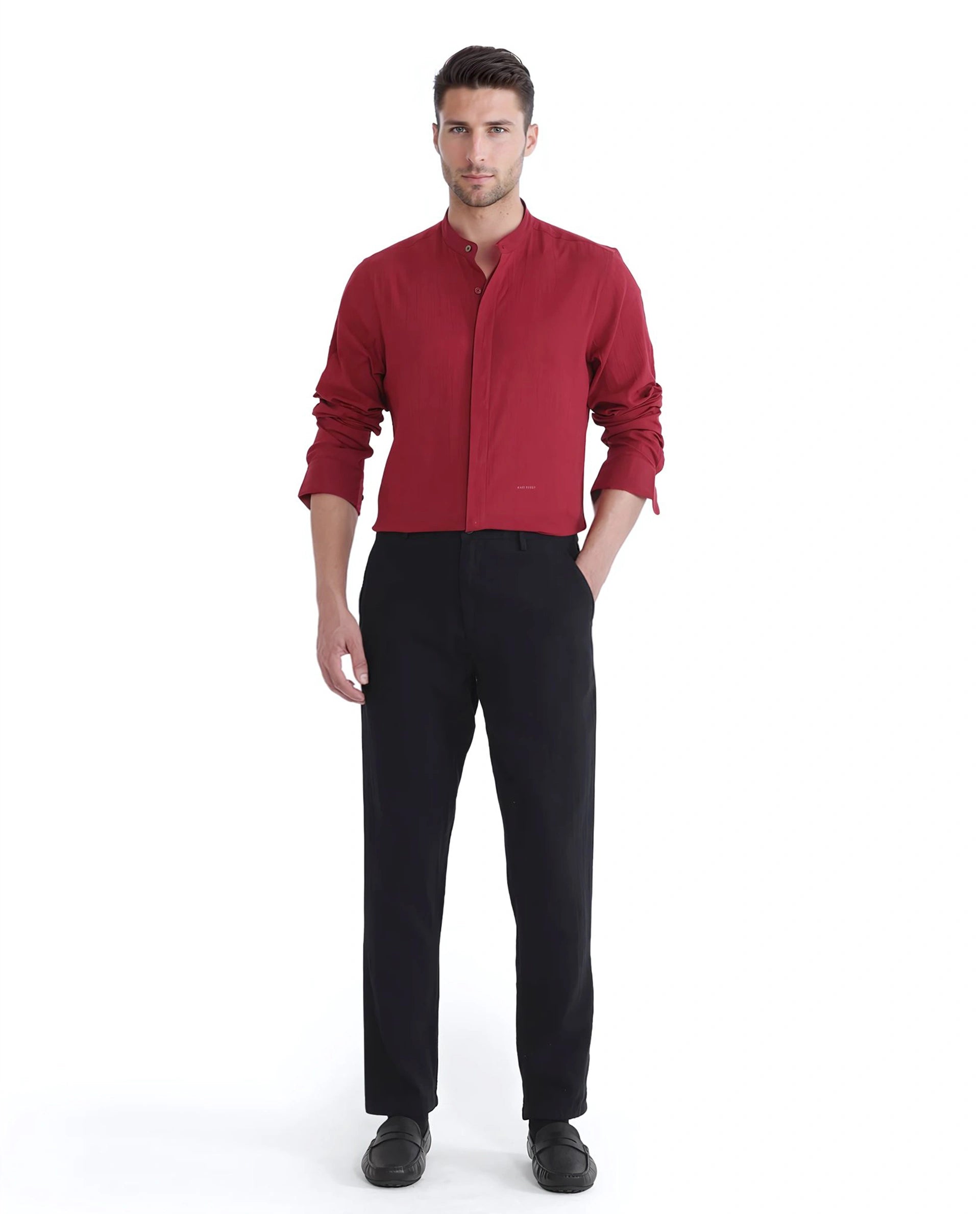 Rare Rabbit Men Crinkle-25 Red Cotton Fabric Mandarin Collar Full Sleeves Solid Crinkle Effect Solid Shirt