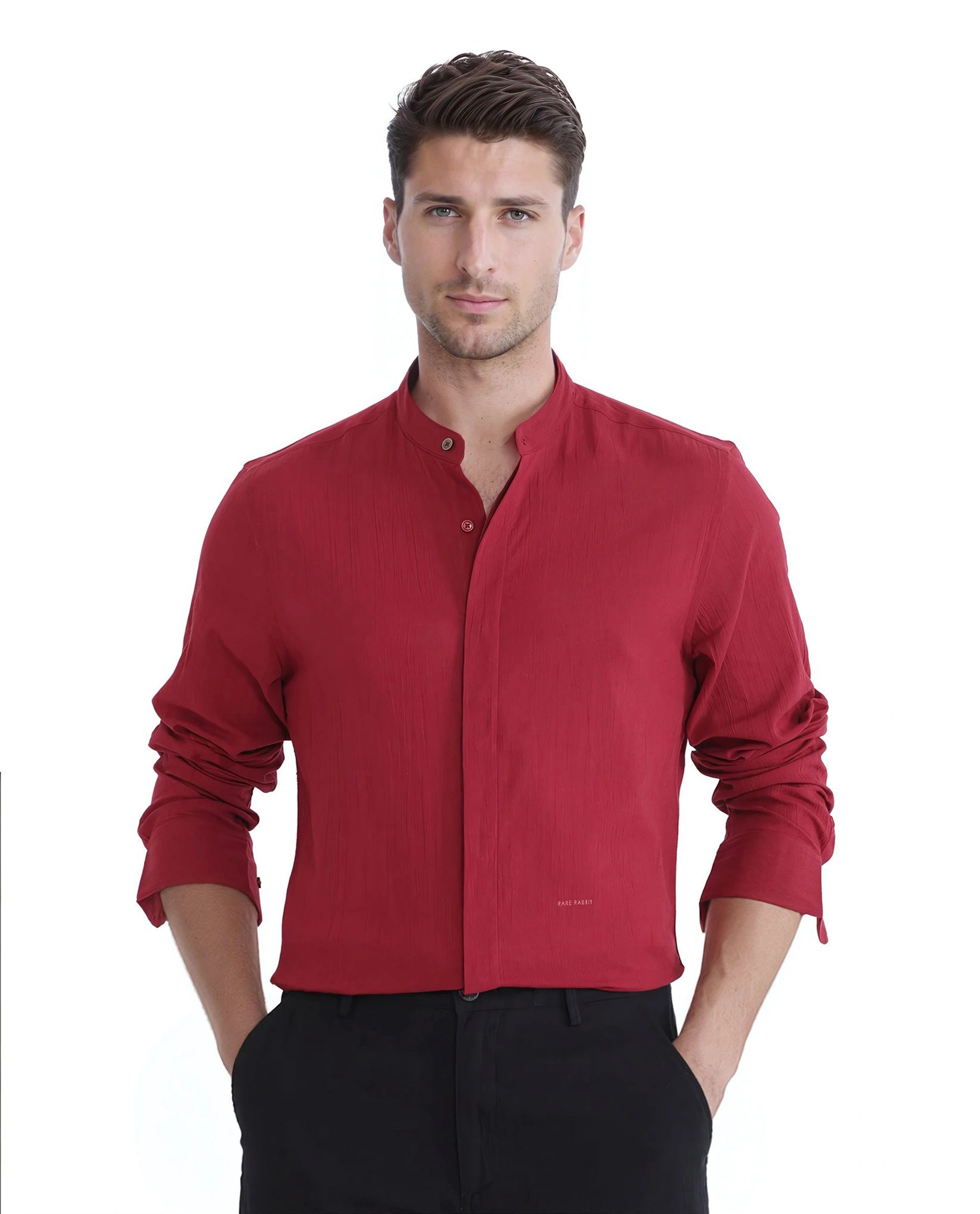 Rare Rabbit Men Crinkle-25 Red Cotton Fabric Mandarin Collar Full Sleeves Solid Crinkle Effect Solid Shirt