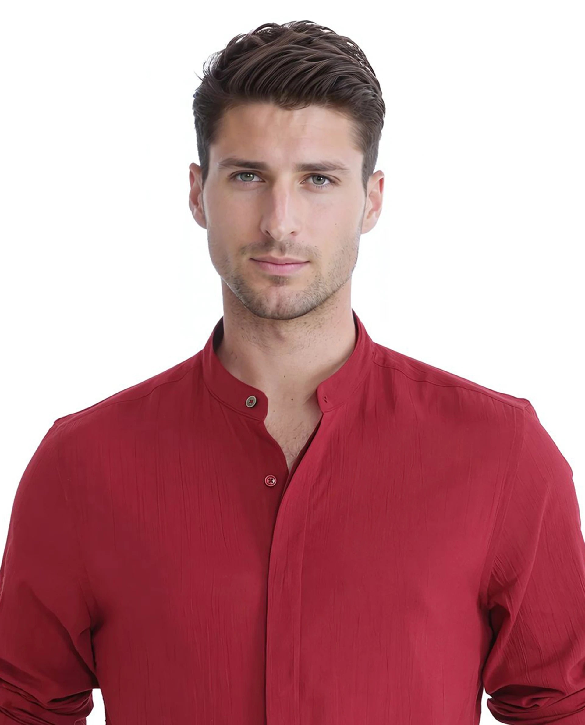 Rare Rabbit Men Crinkle-25 Red Cotton Fabric Mandarin Collar Full Sleeves Solid Crinkle Effect Solid Shirt