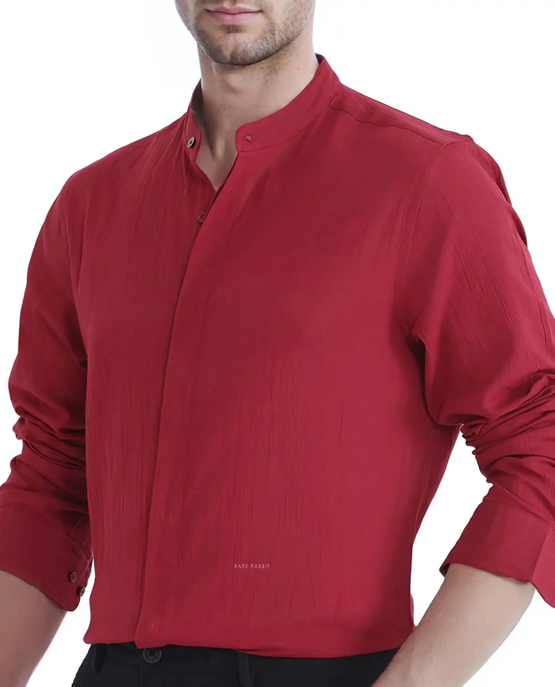 Rare Rabbit Men Crinkle-25 Red Cotton Fabric Mandarin Collar Full Sleeves Solid Crinkle Effect Solid Shirt