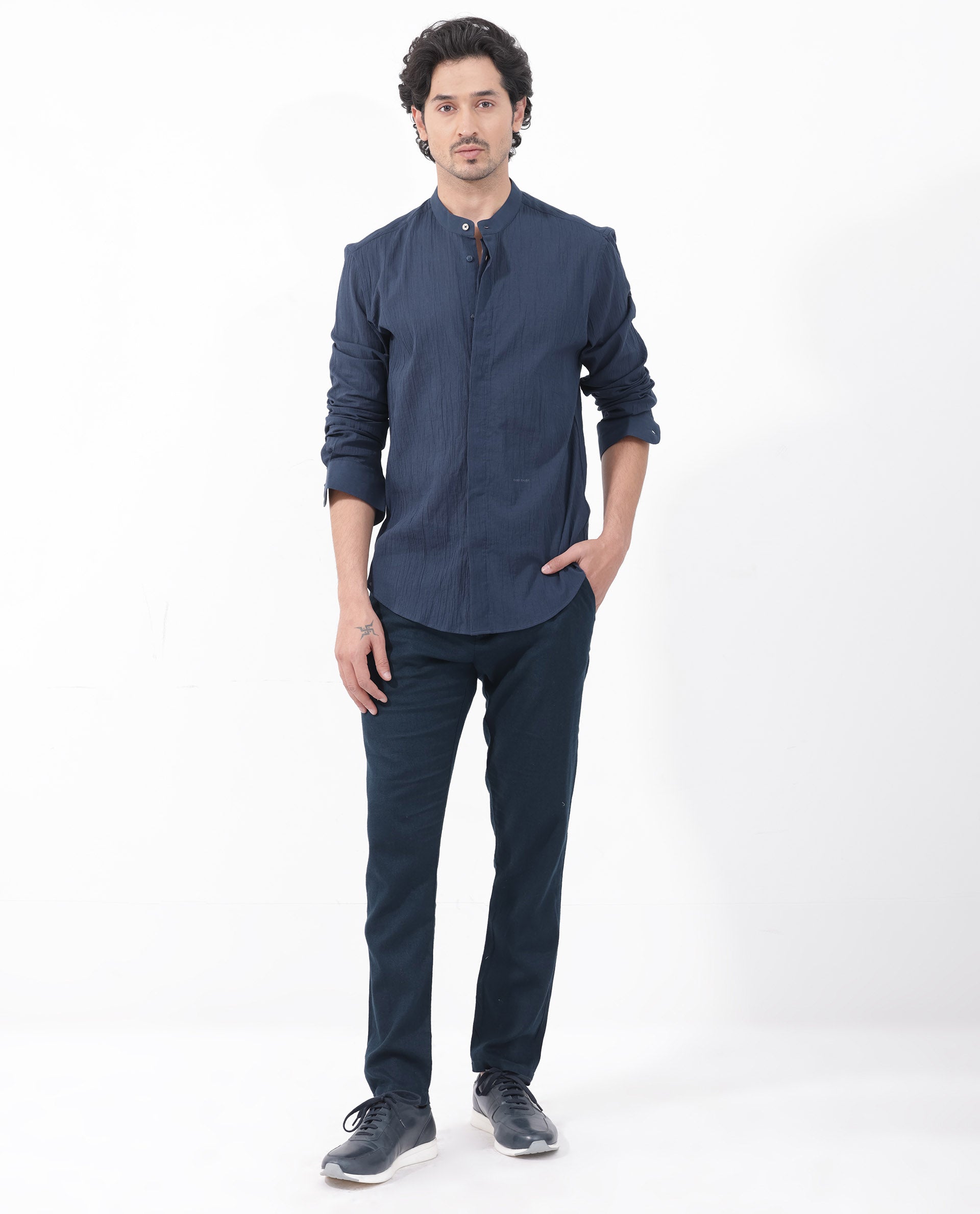 Rare Rabbit Mens Crinkle LS Navy Cotton Fabric Mandarin Collar Full Sleeve Crinkle Effect Solid Shirt