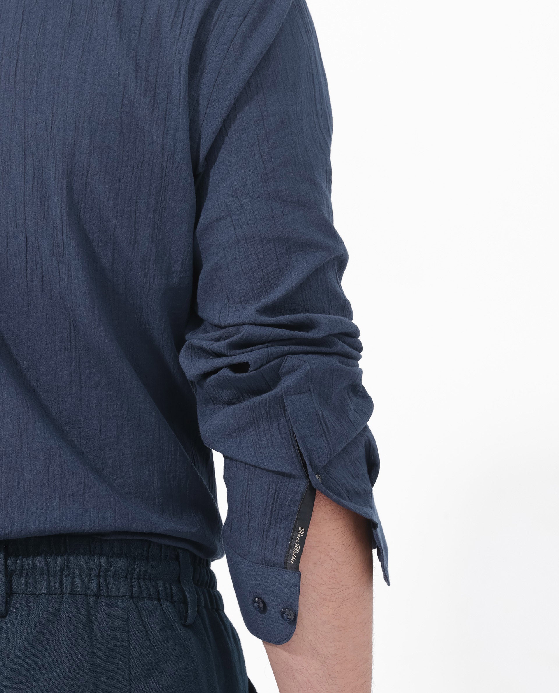 Rare Rabbit Mens Crinkle LS Navy Cotton Fabric Mandarin Collar Full Sleeve Crinkle Effect Solid Shirt