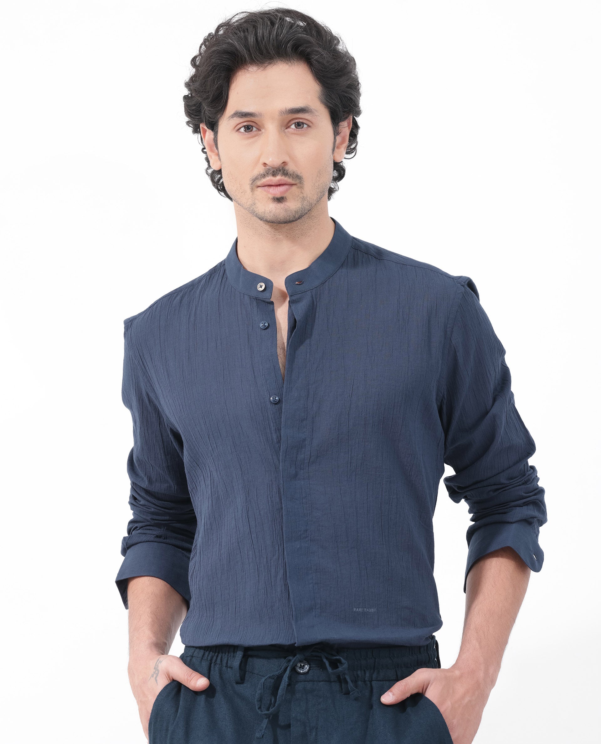 Rare Rabbit Mens Crinkle LS Navy Cotton Fabric Mandarin Collar Full Sleeve Crinkle Effect Solid Shirt