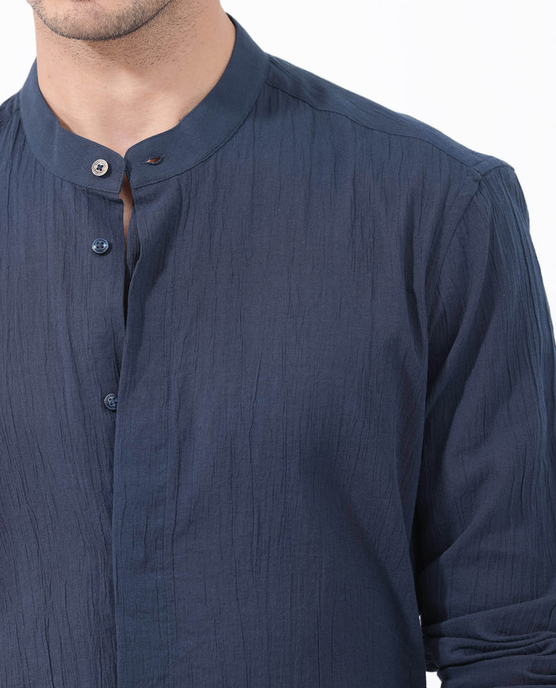 Rare Rabbit Mens Crinkle LS Navy Cotton Fabric Mandarin Collar Full Sleeve Crinkle Effect Solid Shirt