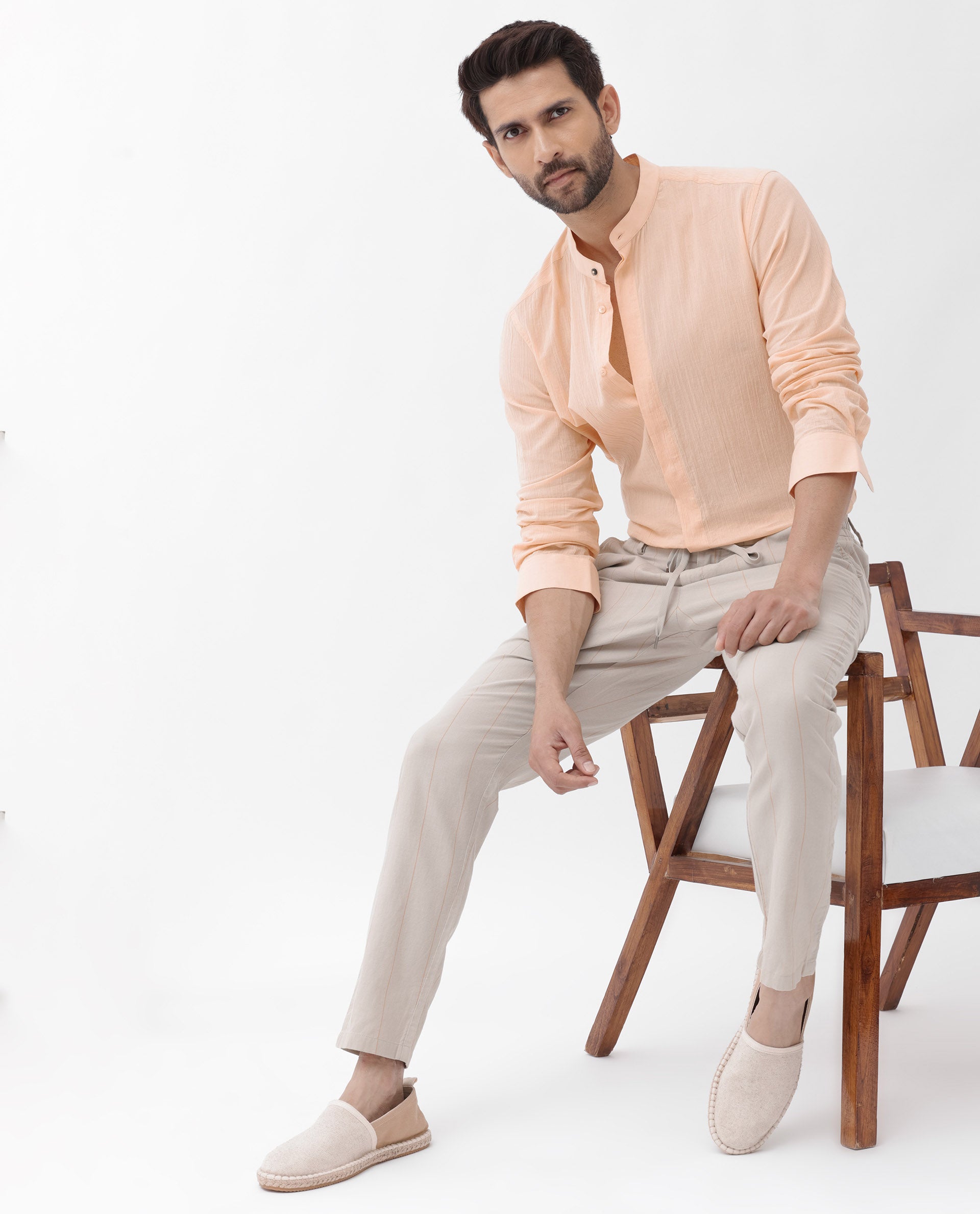 Rare Rabbit Men's Crinkle LS Light Orange Cotton Fabric Mandarin Collar Full Sleeves Solid Crinkle Effect Shirt