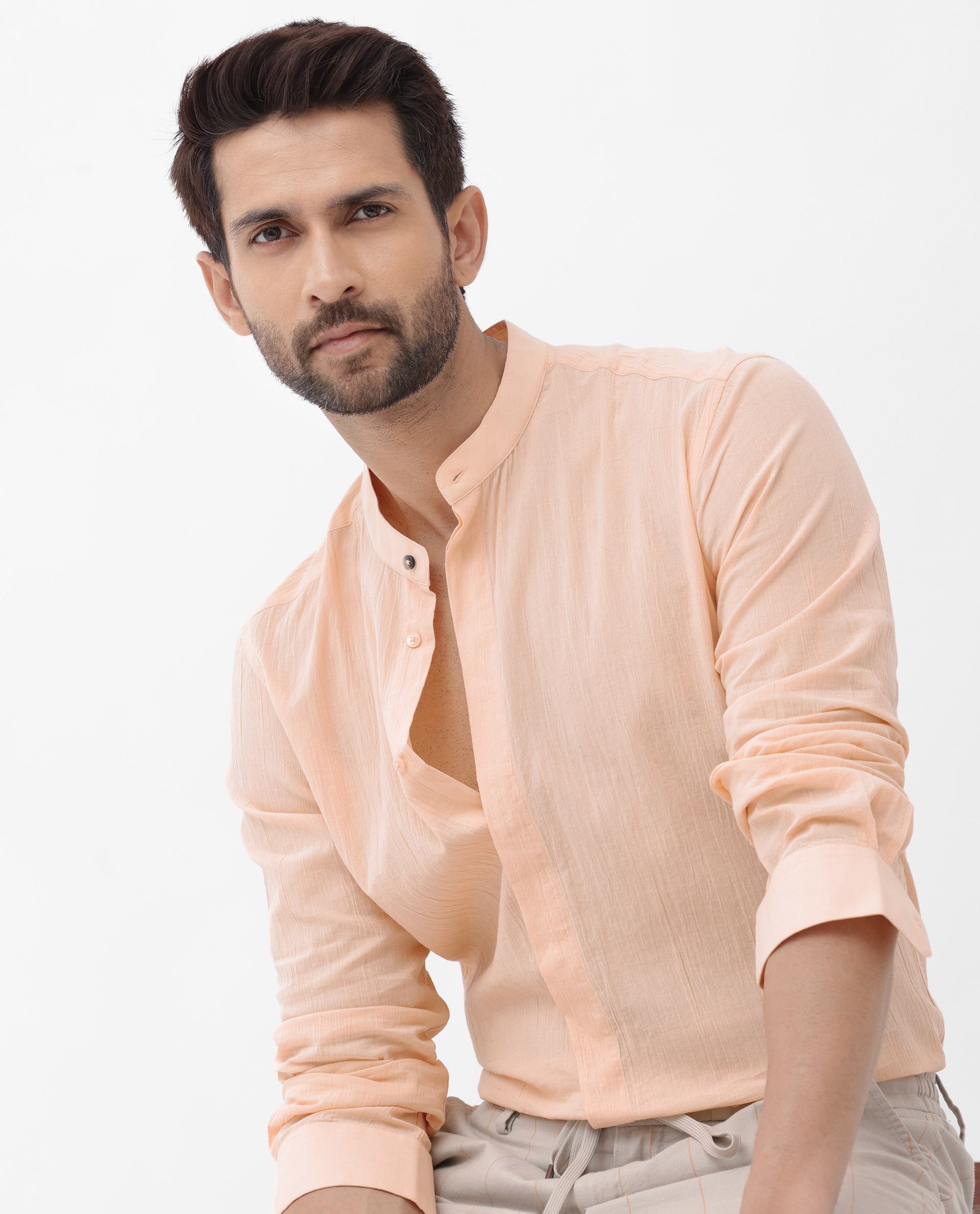 Rare Rabbit Men's Crinkle LS Light Orange Cotton Fabric Mandarin Collar Full Sleeves Solid Crinkle Effect Shirt