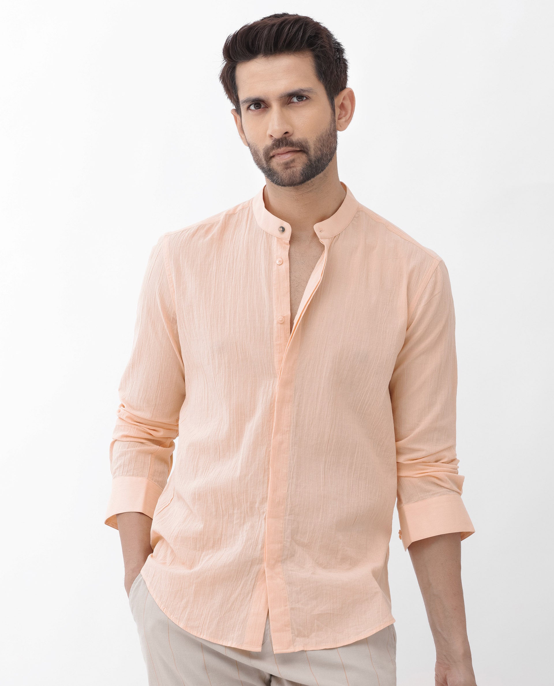 Rare Rabbit Men's Crinkle LS Light Orange Cotton Fabric Mandarin Collar Full Sleeves Solid Crinkle Effect Shirt