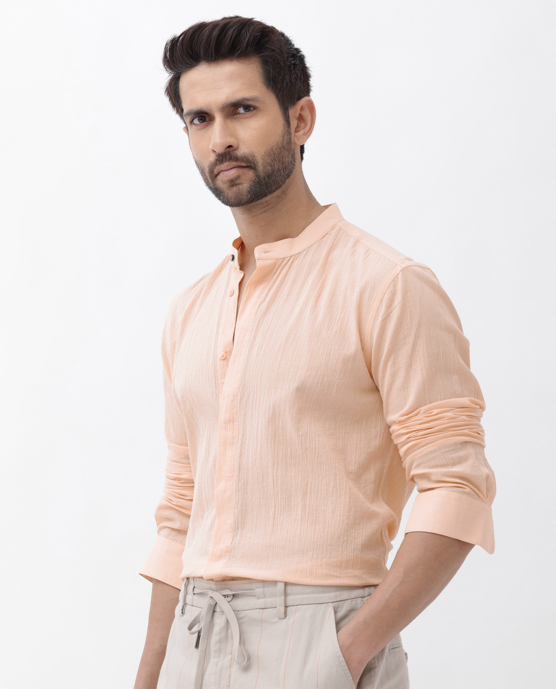 Rare Rabbit Men's Crinkle LS Light Orange Cotton Fabric Mandarin Collar Full Sleeves Solid Crinkle Effect Shirt