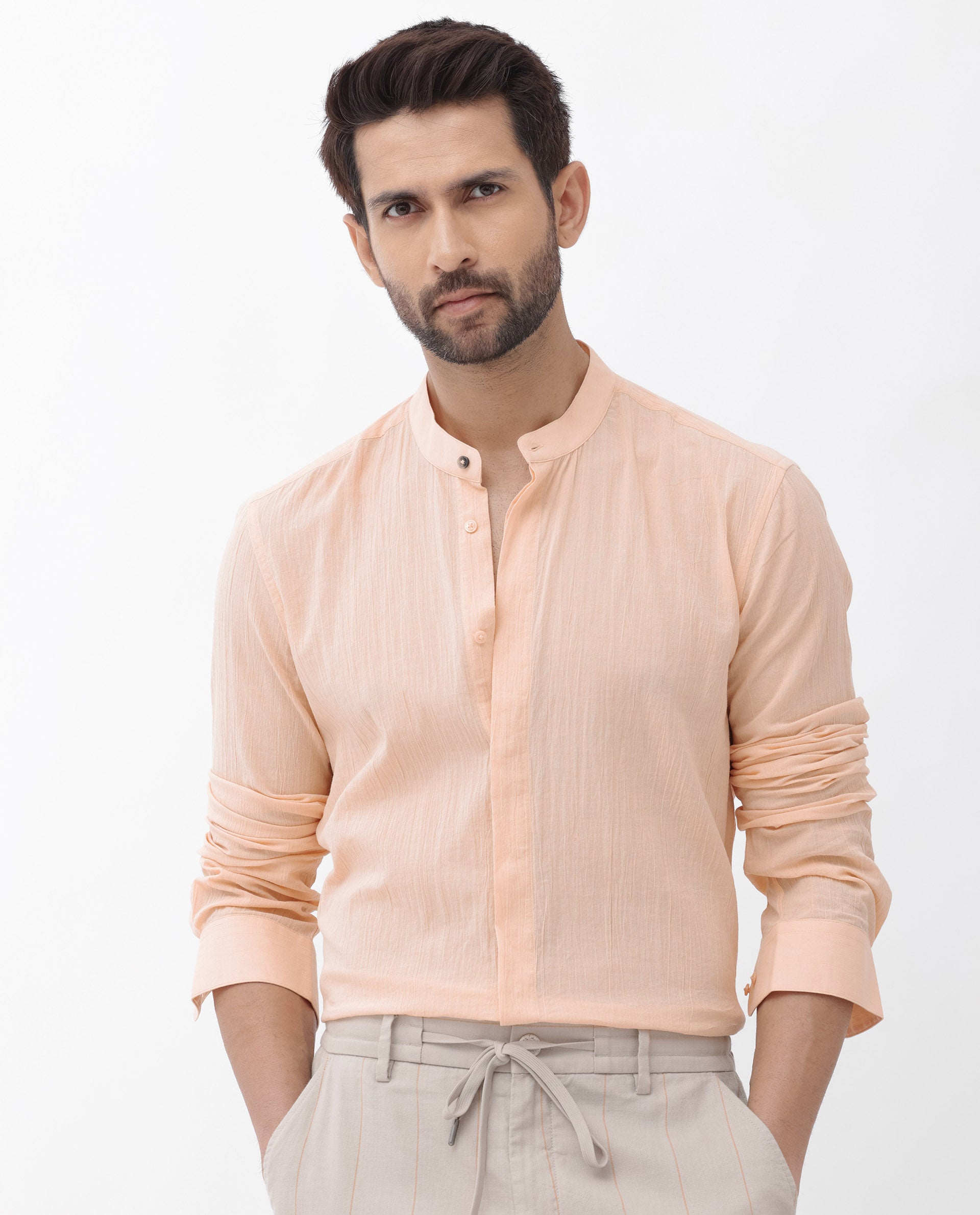 Rare Rabbit Men's Crinkle LS Light Orange Cotton Fabric Mandarin Collar Full Sleeves Solid Crinkle Effect Shirt