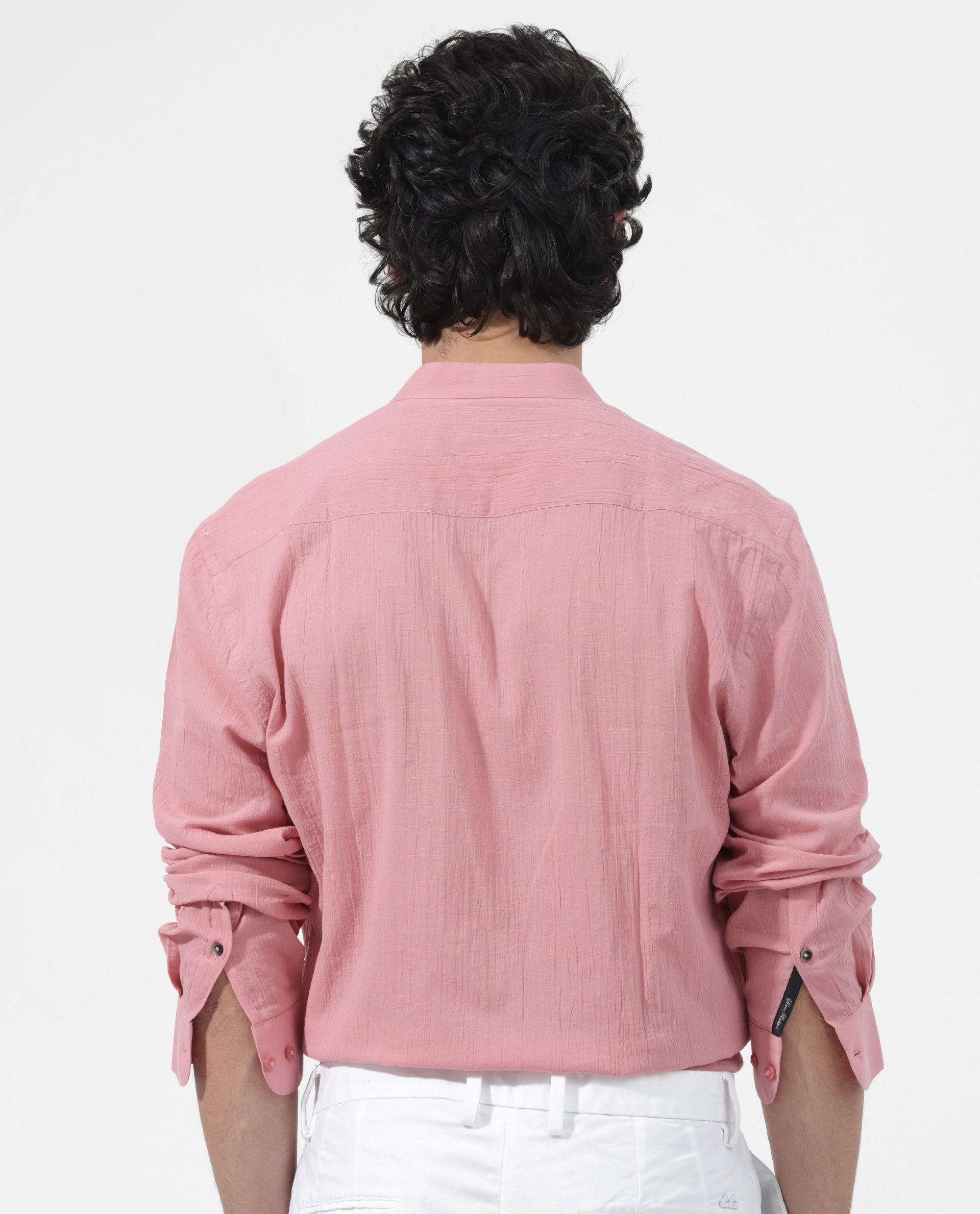 Rare Rabbit Mens Crinkle LS Pink Cotton Fabric Mandarin Collar Full Sleeve Crinkle Effect Solid Shirt