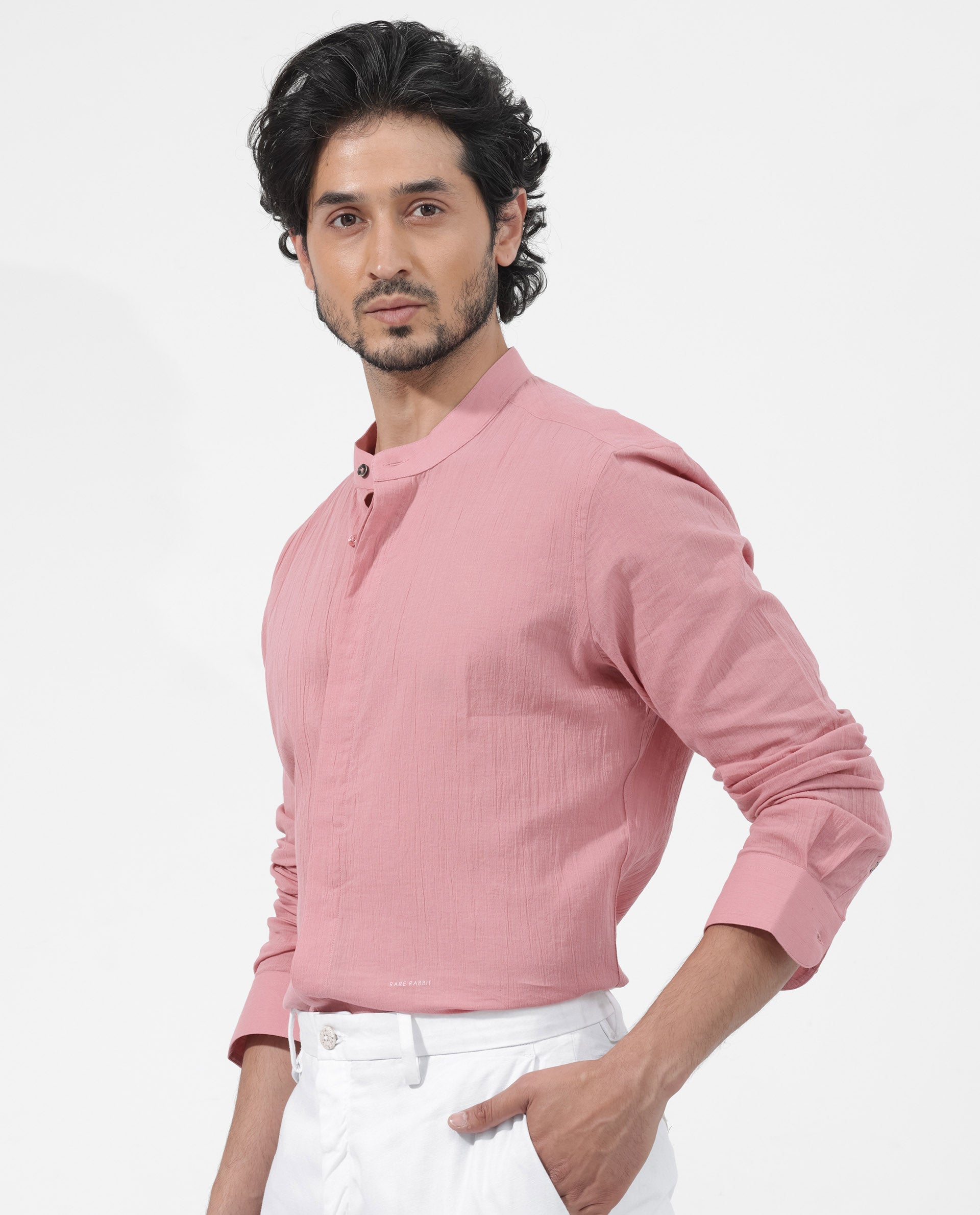 Rare Rabbit Mens Crinkle LS Pink Cotton Fabric Mandarin Collar Full Sleeve Crinkle Effect Solid Shirt
