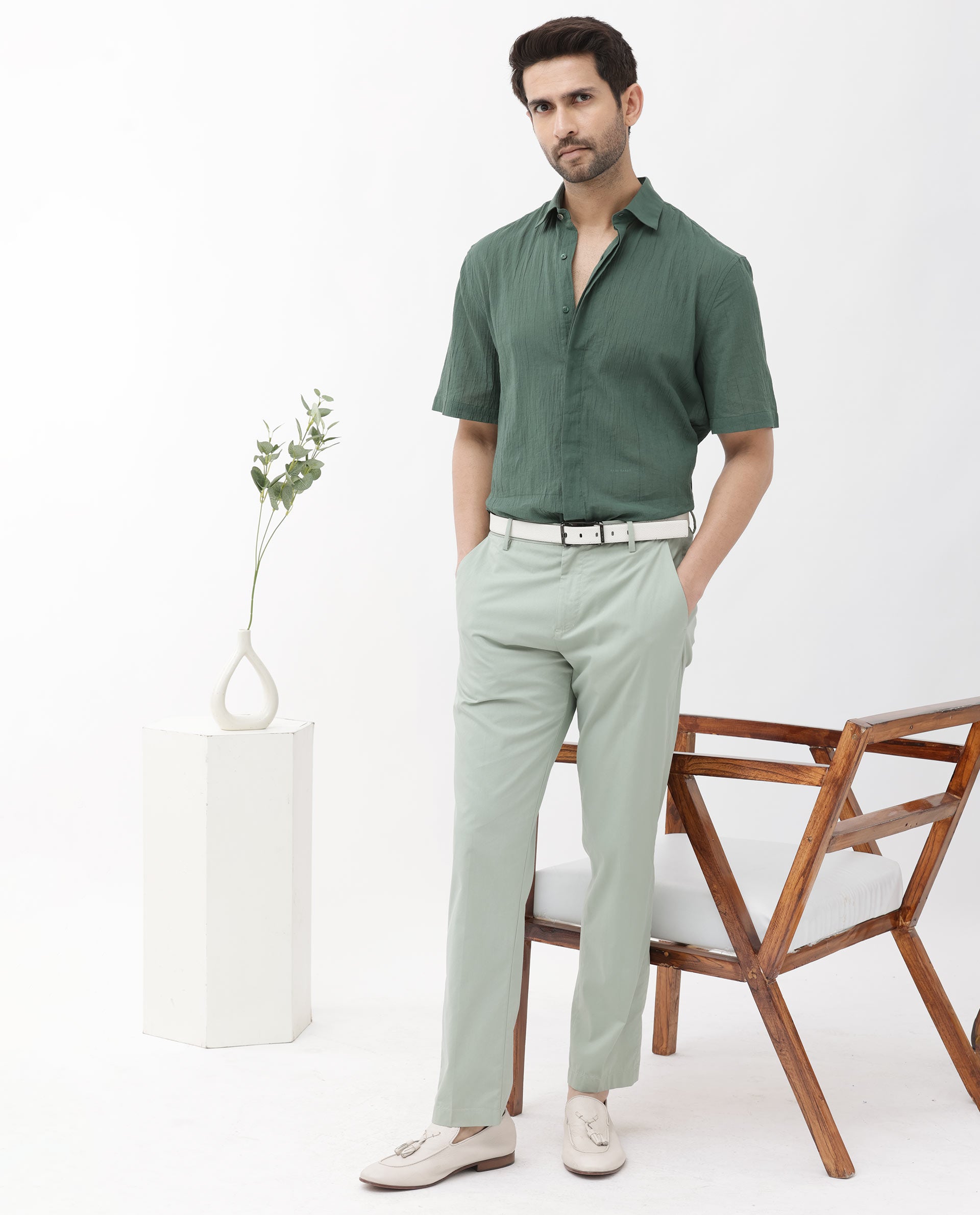 Rare Rabbit Mens Crinkle SS Dusky Green Cotton Fabric Short Sleeve Boxy Fit Crinkle Effect Solid Shirt