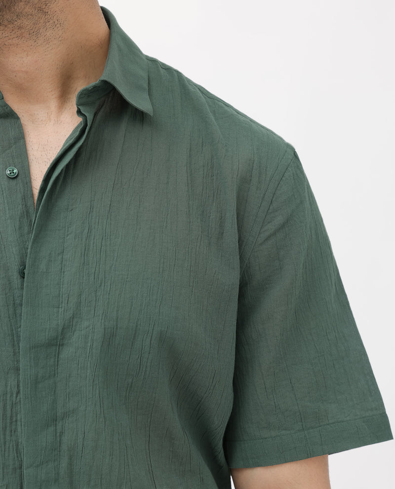 Rare Rabbit Mens Crinkle SS Dusky Green Cotton Fabric Short Sleeve Boxy Fit Crinkle Effect Solid Shirt