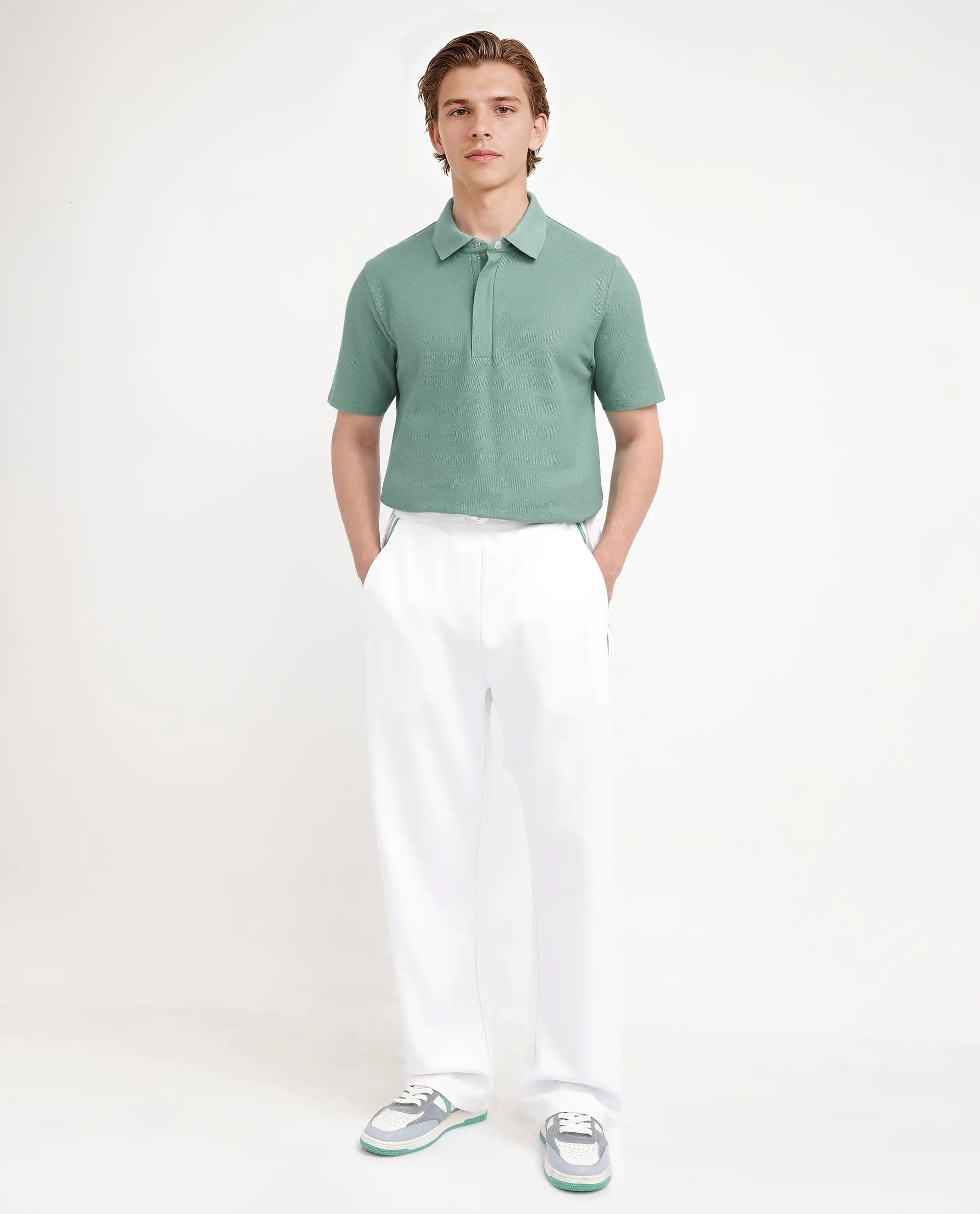 Rare Rabbit Men Crin Light Green Cotton Fabric Short Sleeve Collared Neck Zipper Closure Plain Polo