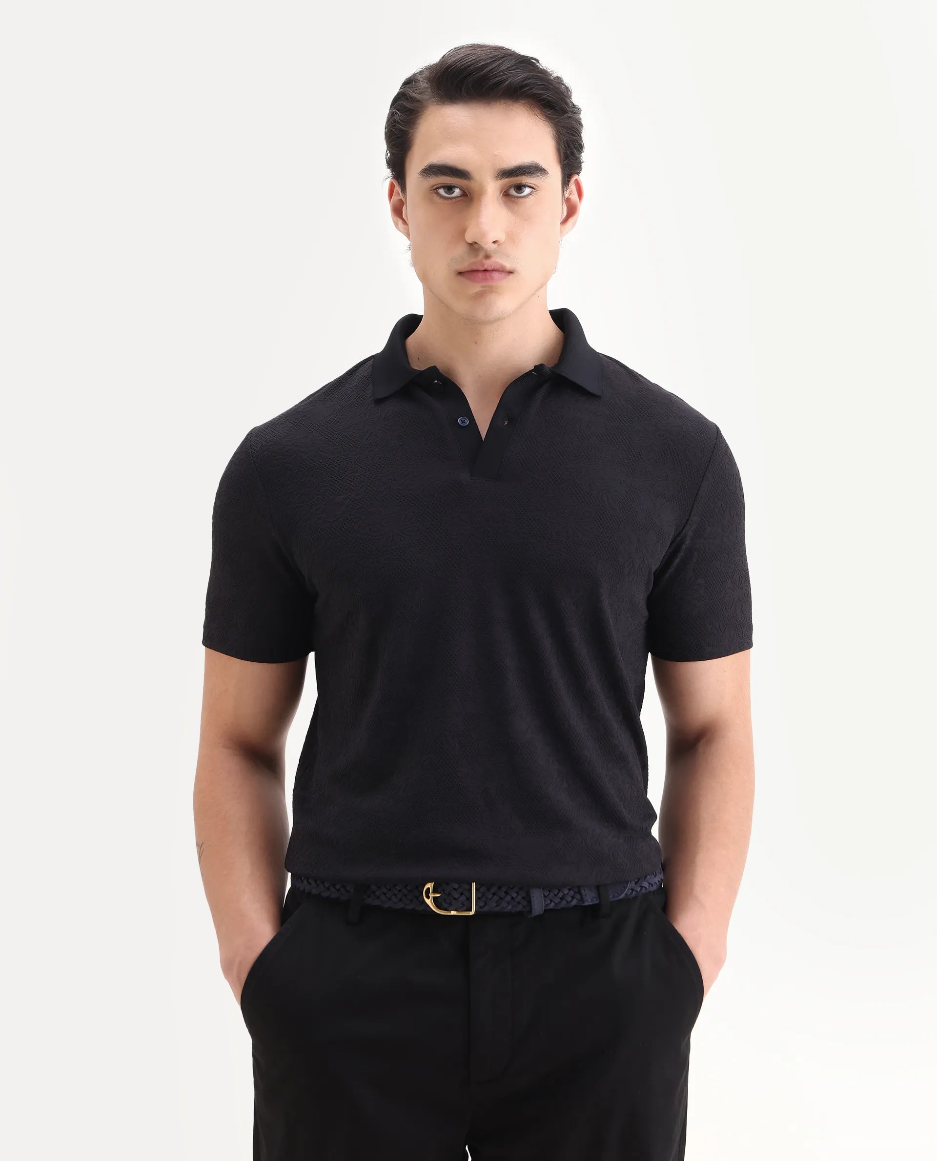 Rare Rabbit Men's Criuse Navy Polyester Jacquard Regular Fit Half Sleeve Polo