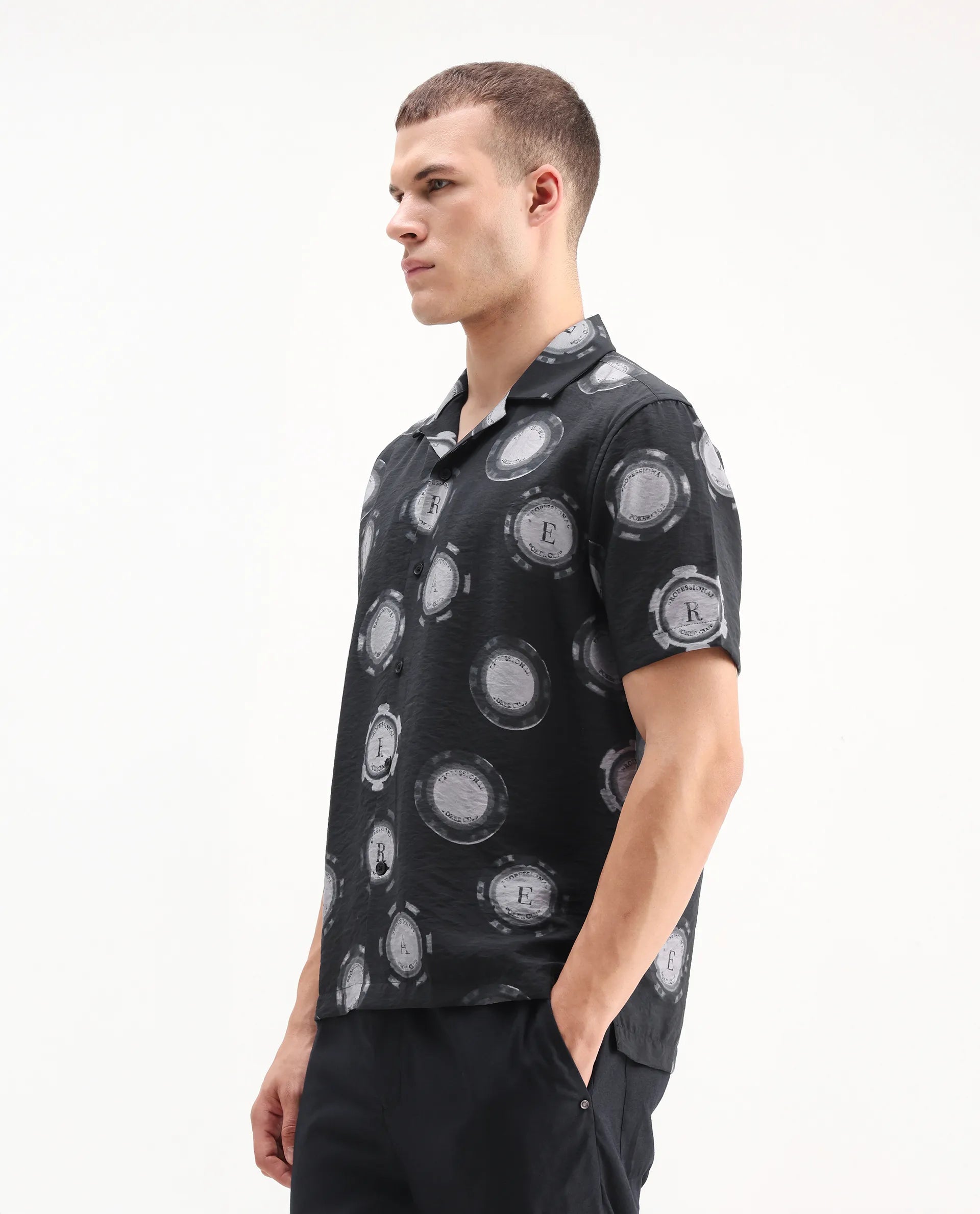 Rare Rabbit Men's Crix Dusky Purple Viscose Blend Geometric Print Relaxed Fit Half Sleeve Cuban Collar Shirt