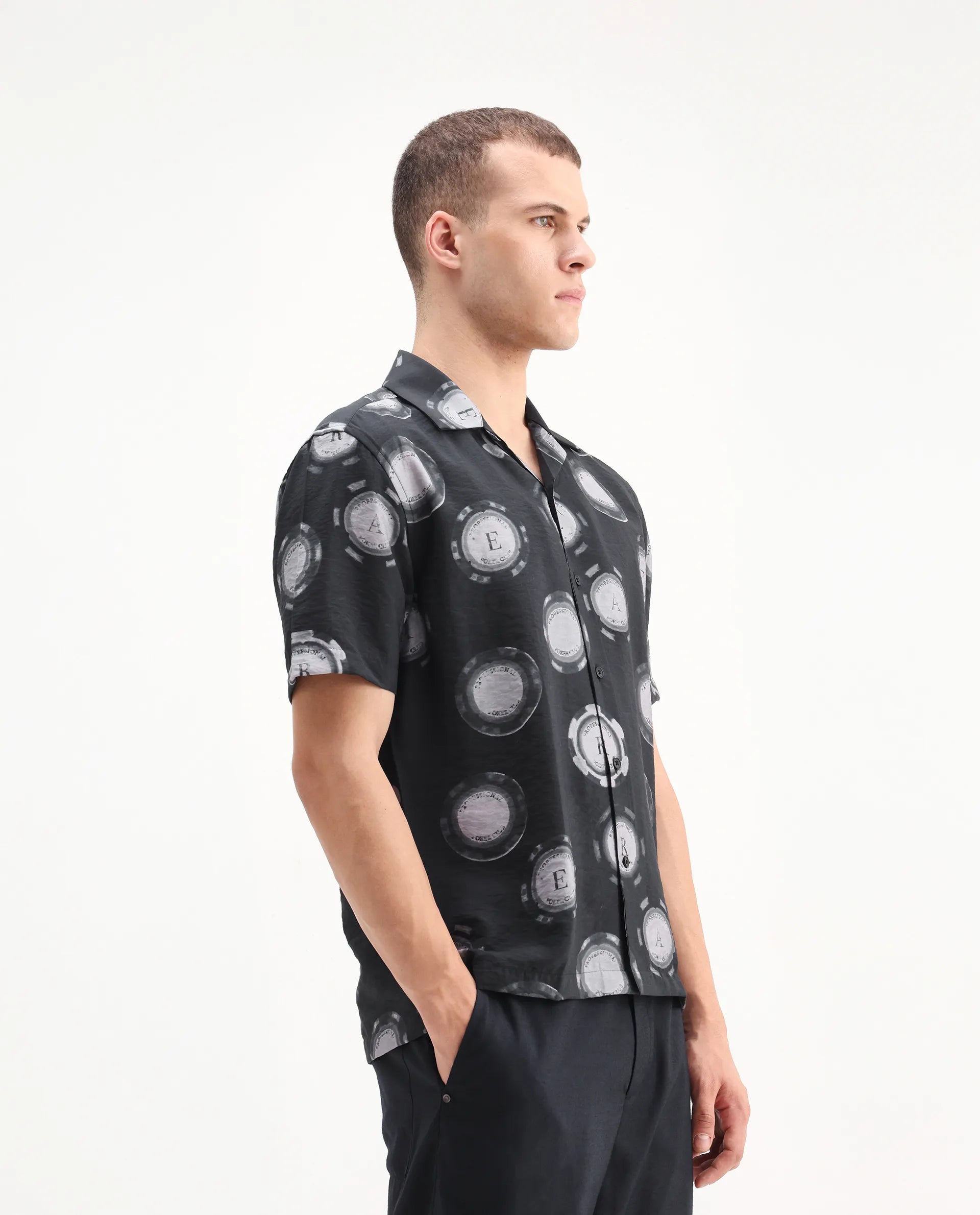 Rare Rabbit Men's Crix Dusky Purple Viscose Blend Geometric Print Relaxed Fit Half Sleeve Cuban Collar Shirt