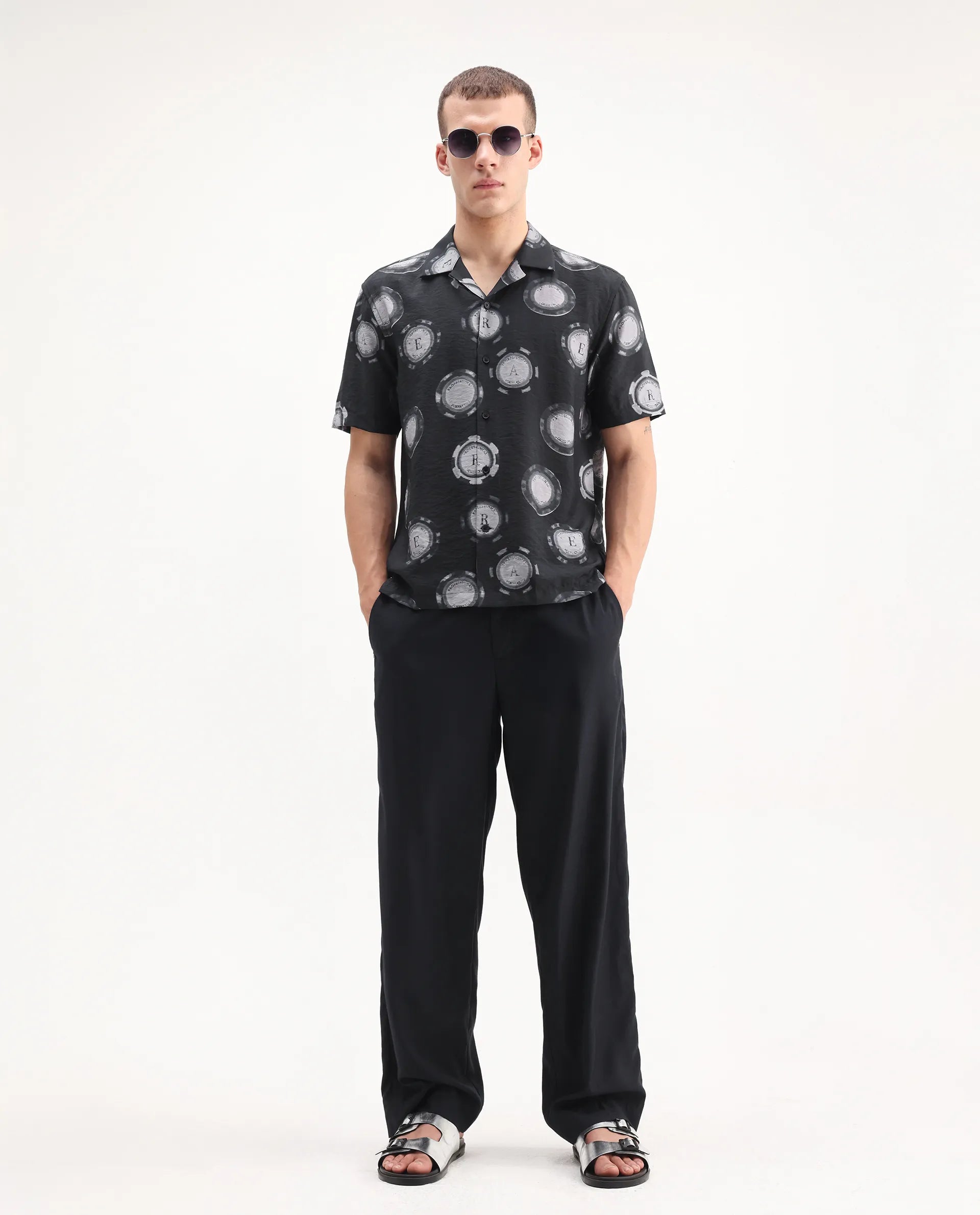 Rare Rabbit Men's Crix Dusky Purple Viscose Blend Geometric Print Relaxed Fit Half Sleeve Cuban Collar Shirt