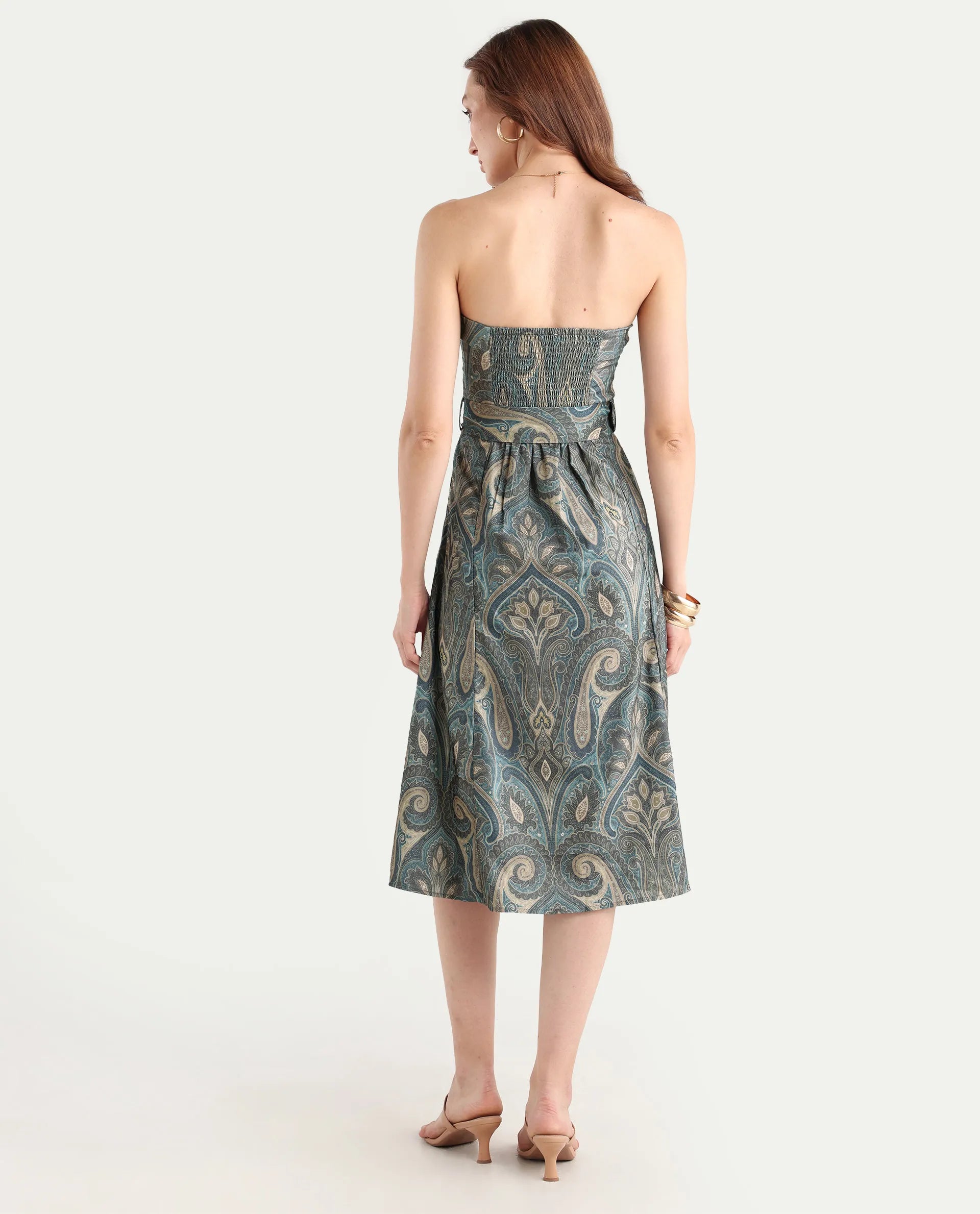 Rareism Women's Croati Multi Cotton Blend Tube Neck Paisley Print Sleeveless Midi Flared Dress