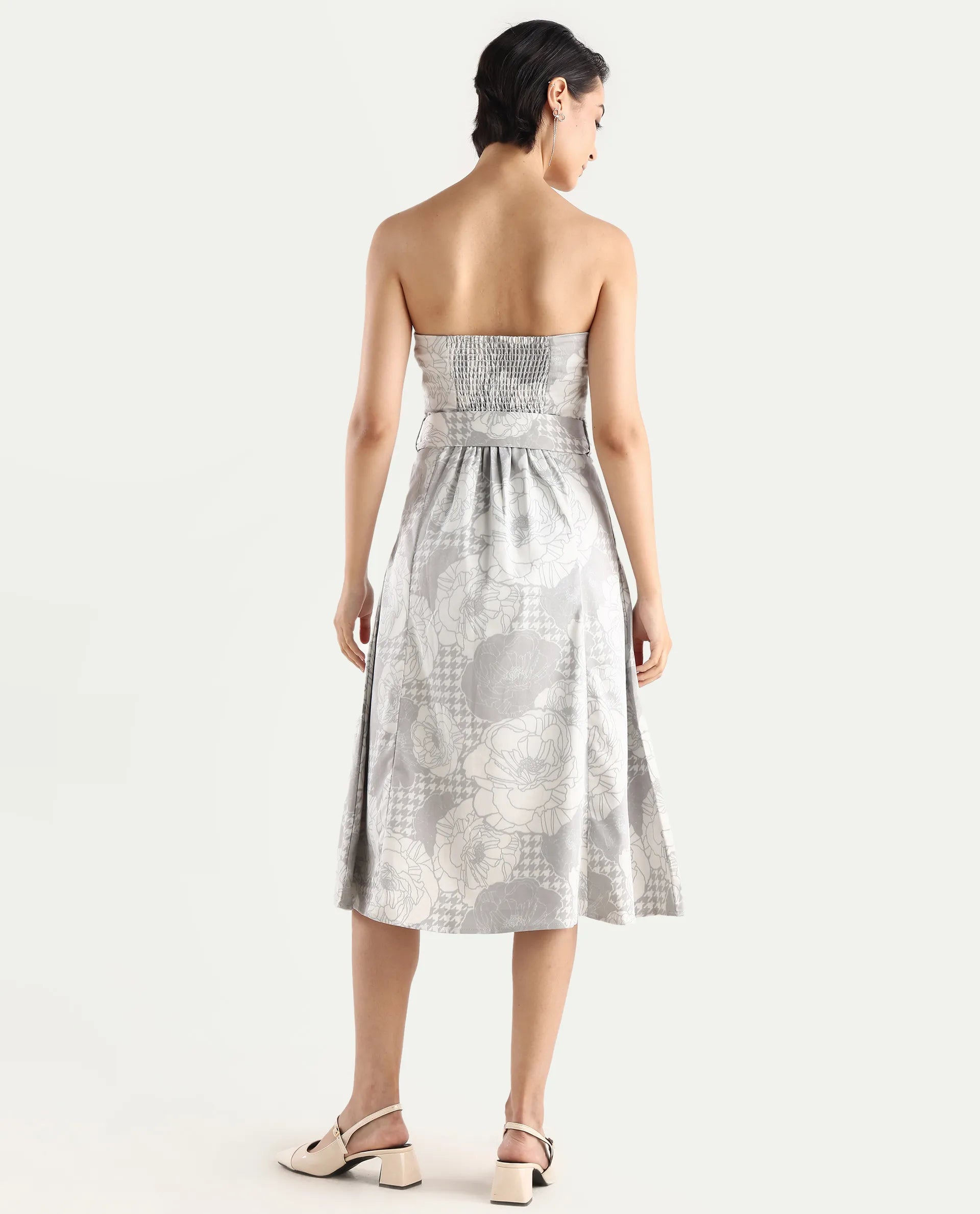 Rareism Women's Croatink Multi Cotton Blend Tube Neck Floral Print Sleeveless Midi Flared Dress