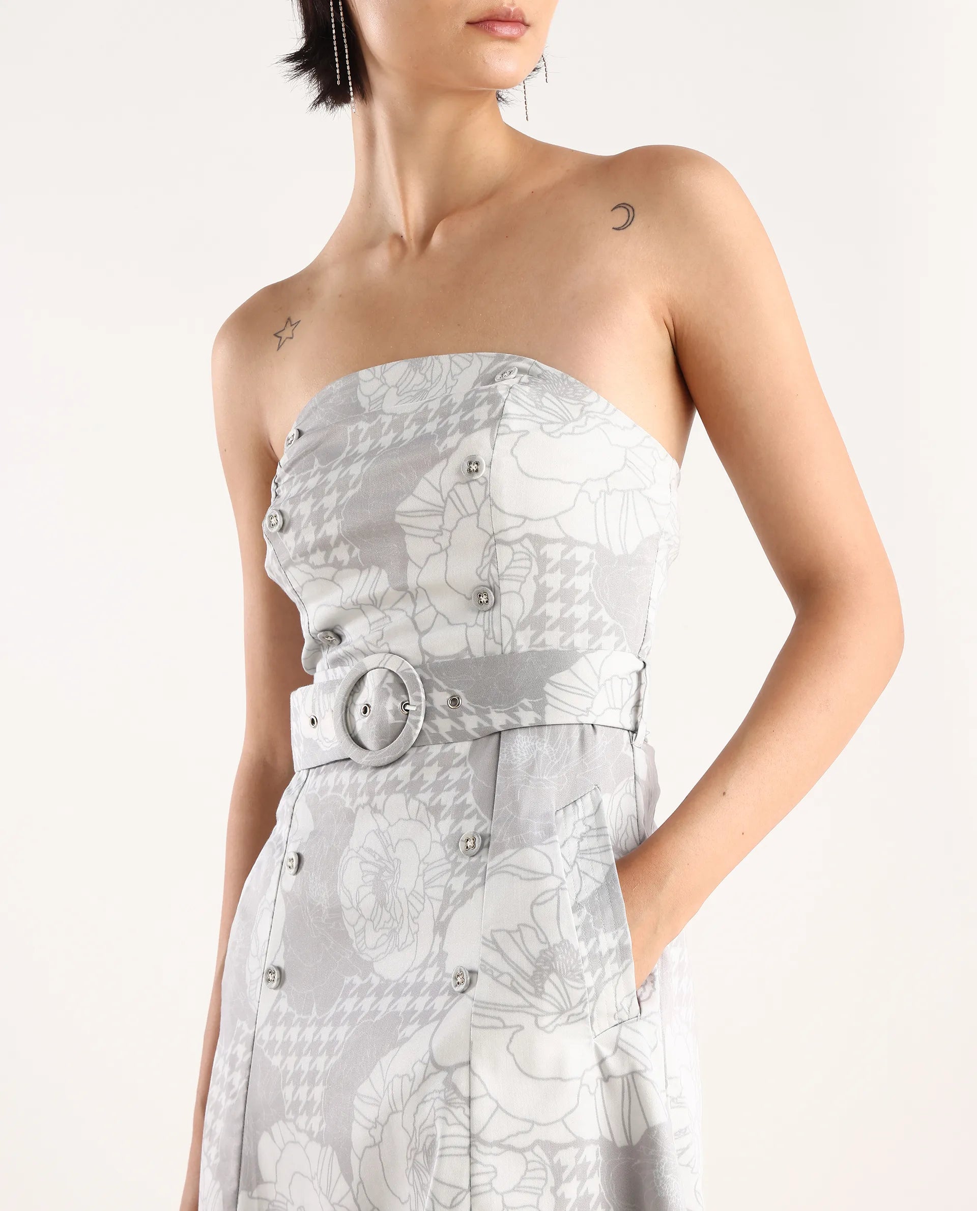 Rareism Women's Croatink Multi Cotton Blend Tube Neck Floral Print Sleeveless Midi Flared Dress