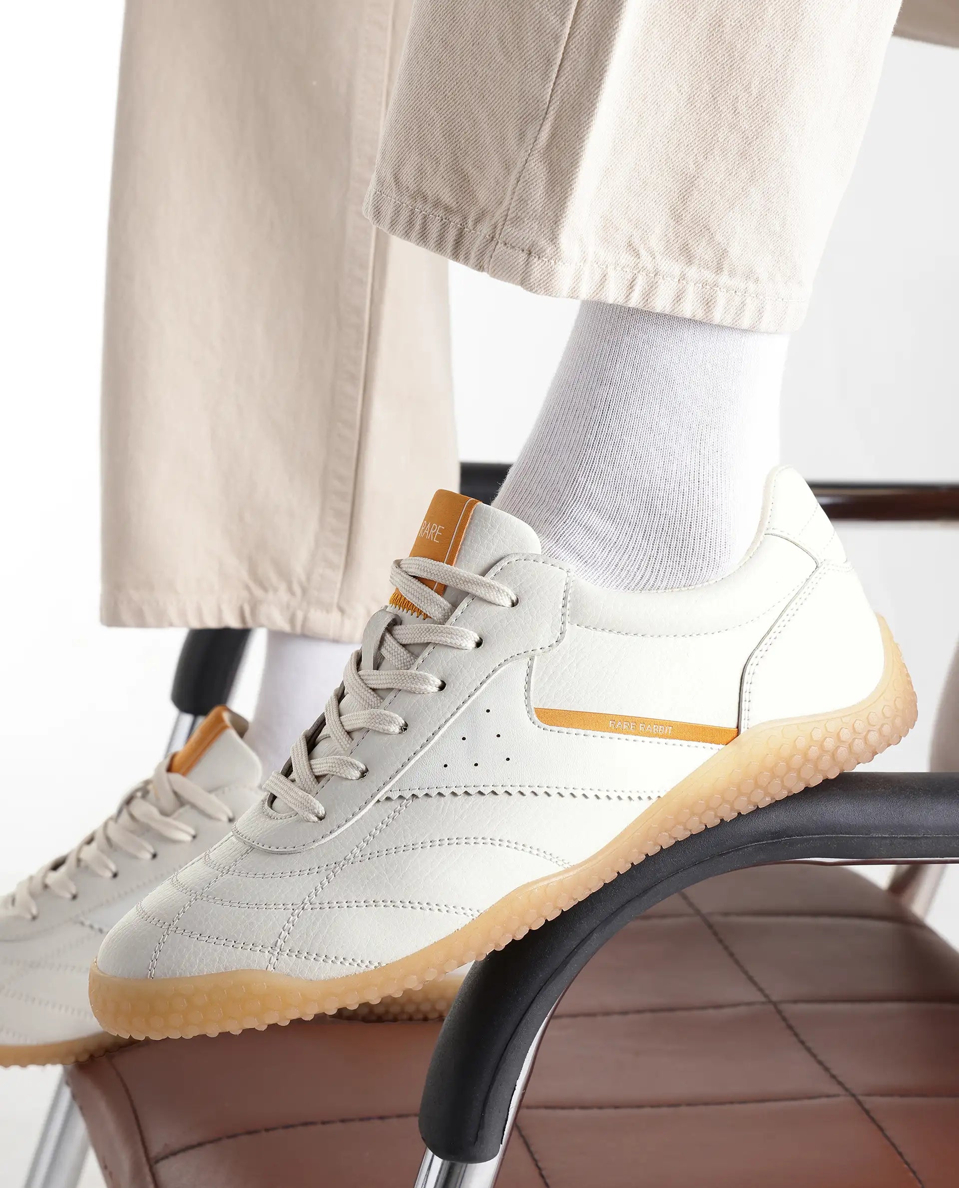 Rarez Men's Crock Light Beige Micro Fiber Leather Sneaker