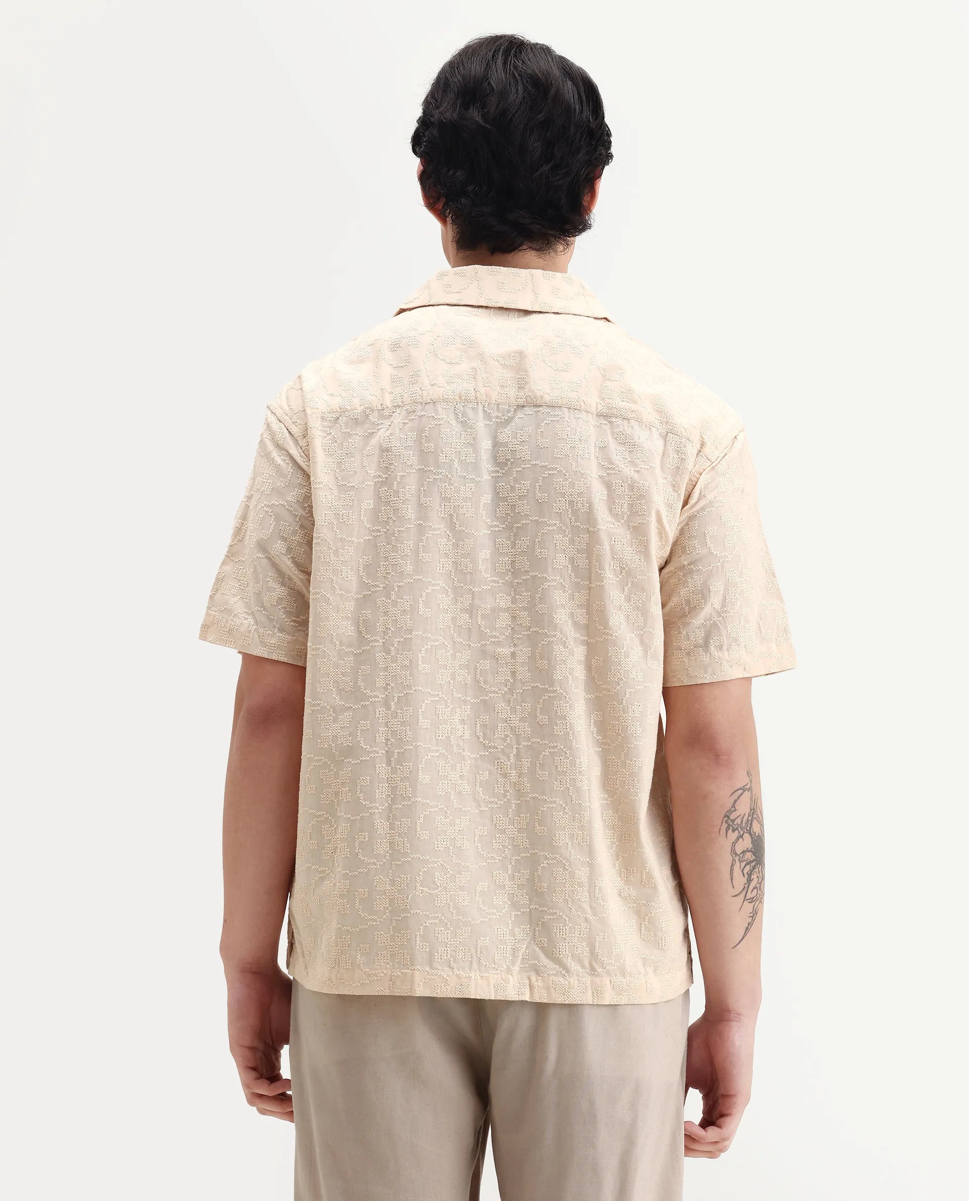 Rare Rabbit Men's Crof Beige Cotton Embroidered Boxy Fit Half Sleeve Collared Shirt