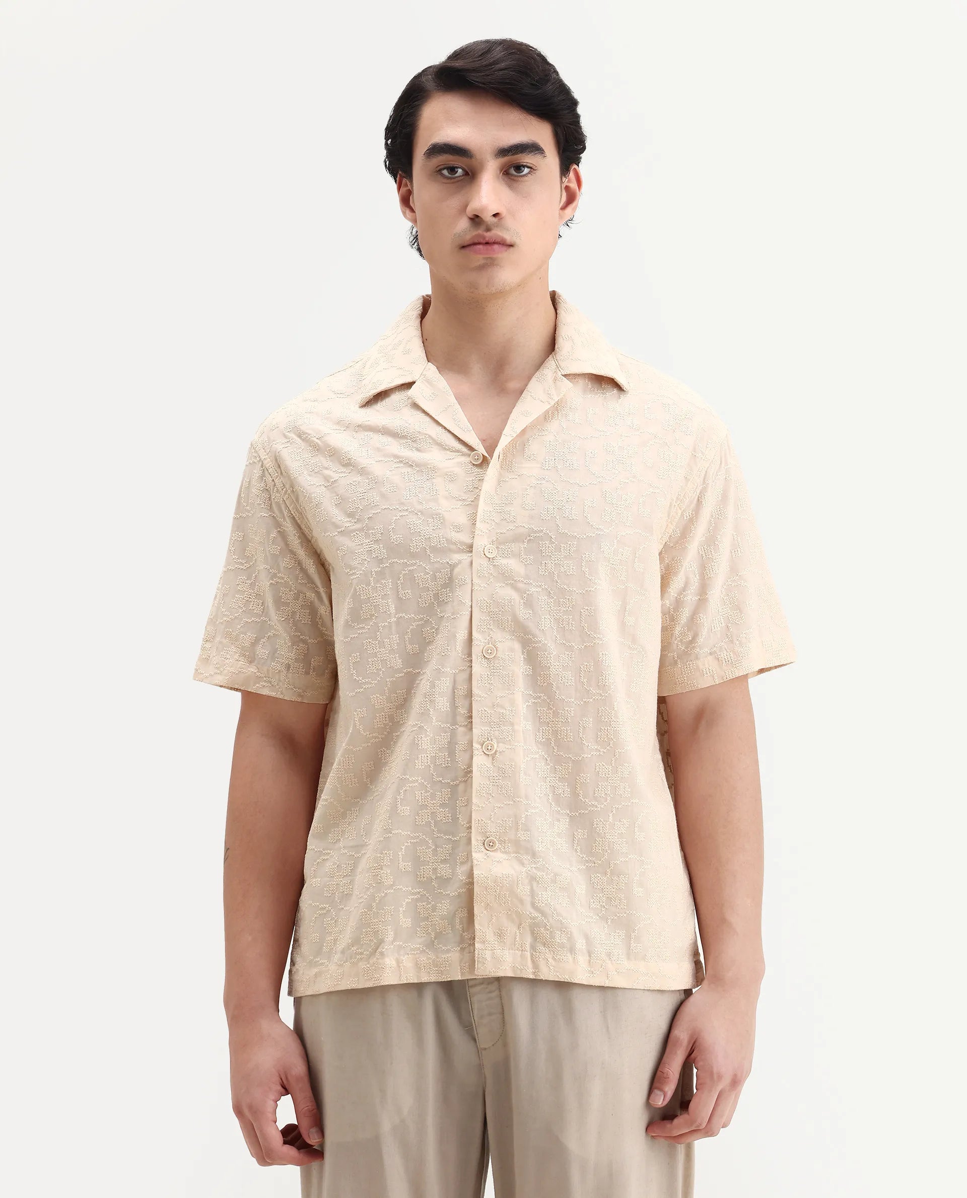 Rare Rabbit Men's Crof Beige Cotton Embroidered Boxy Fit Half Sleeve Collared Shirt