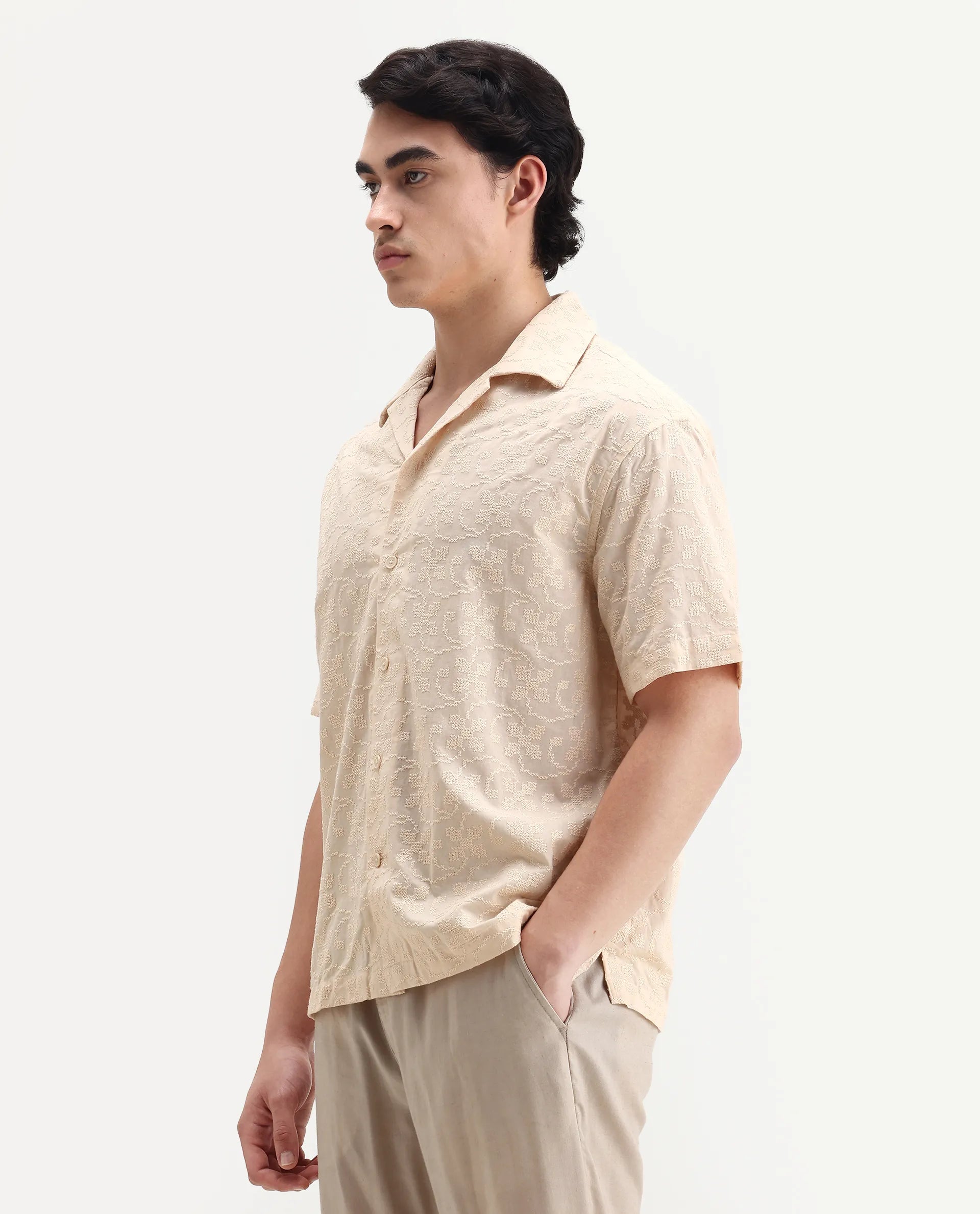 Rare Rabbit Men's Crof Beige Cotton Embroidered Boxy Fit Half Sleeve Collared Shirt