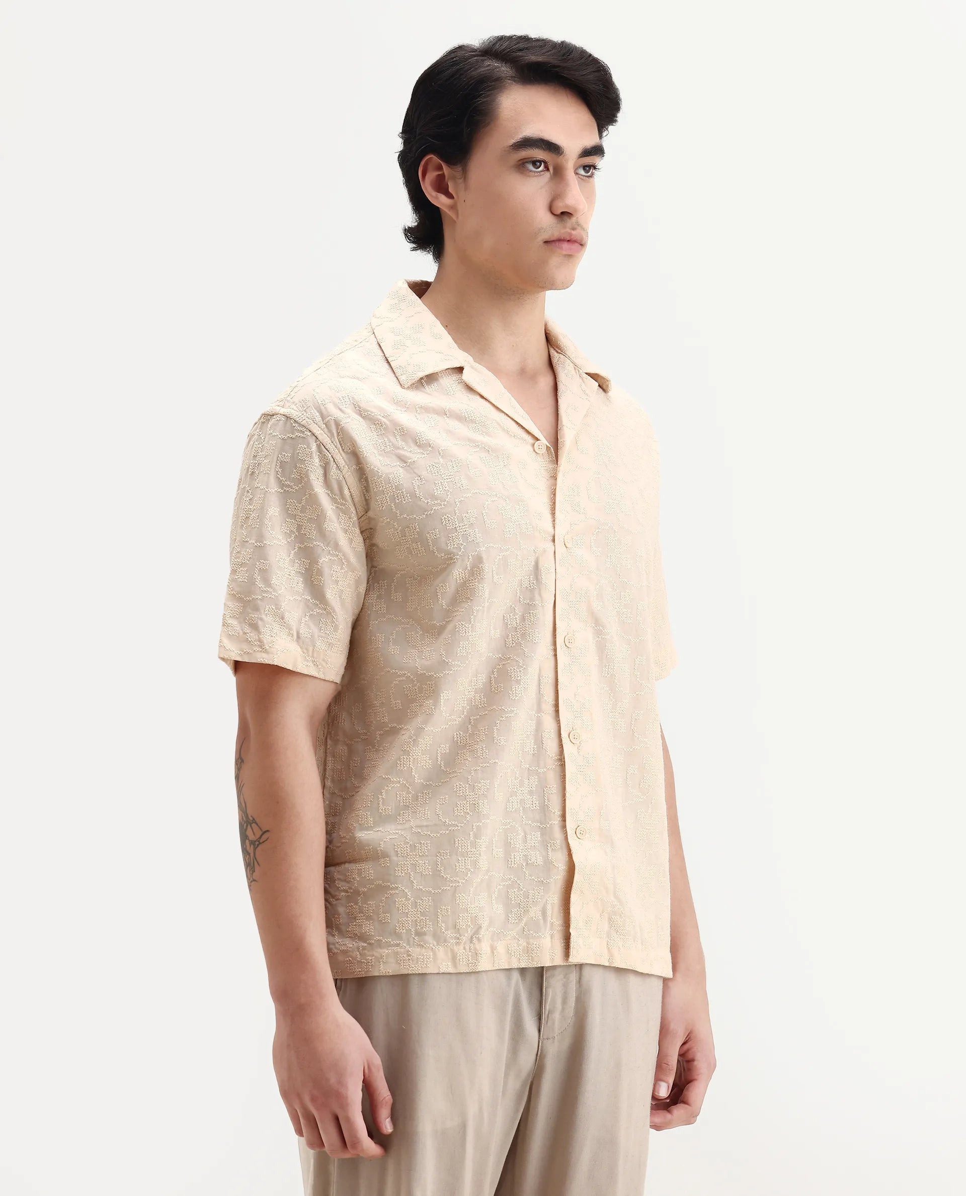 Rare Rabbit Men's Crof Beige Cotton Embroidered Boxy Fit Half Sleeve Collared Shirt