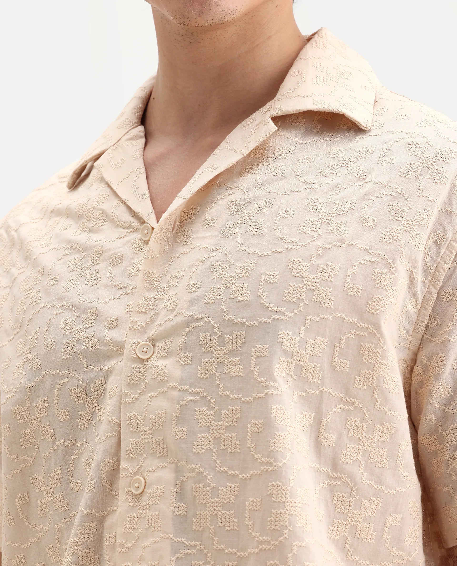 Rare Rabbit Men's Crof Beige Cotton Embroidered Boxy Fit Half Sleeve Collared Shirt