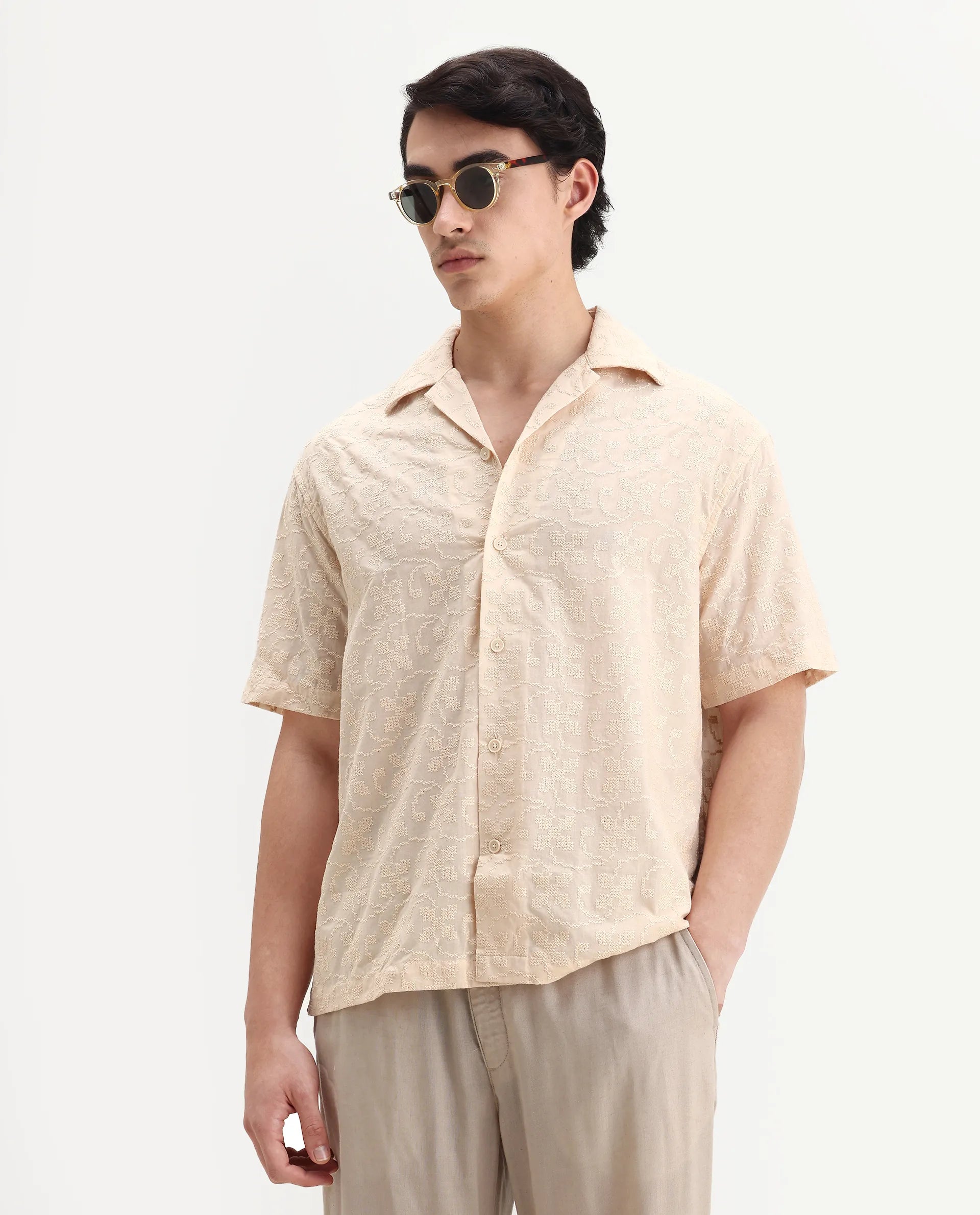 Rare Rabbit Men's Crof Beige Cotton Embroidered Boxy Fit Half Sleeve Collared Shirt