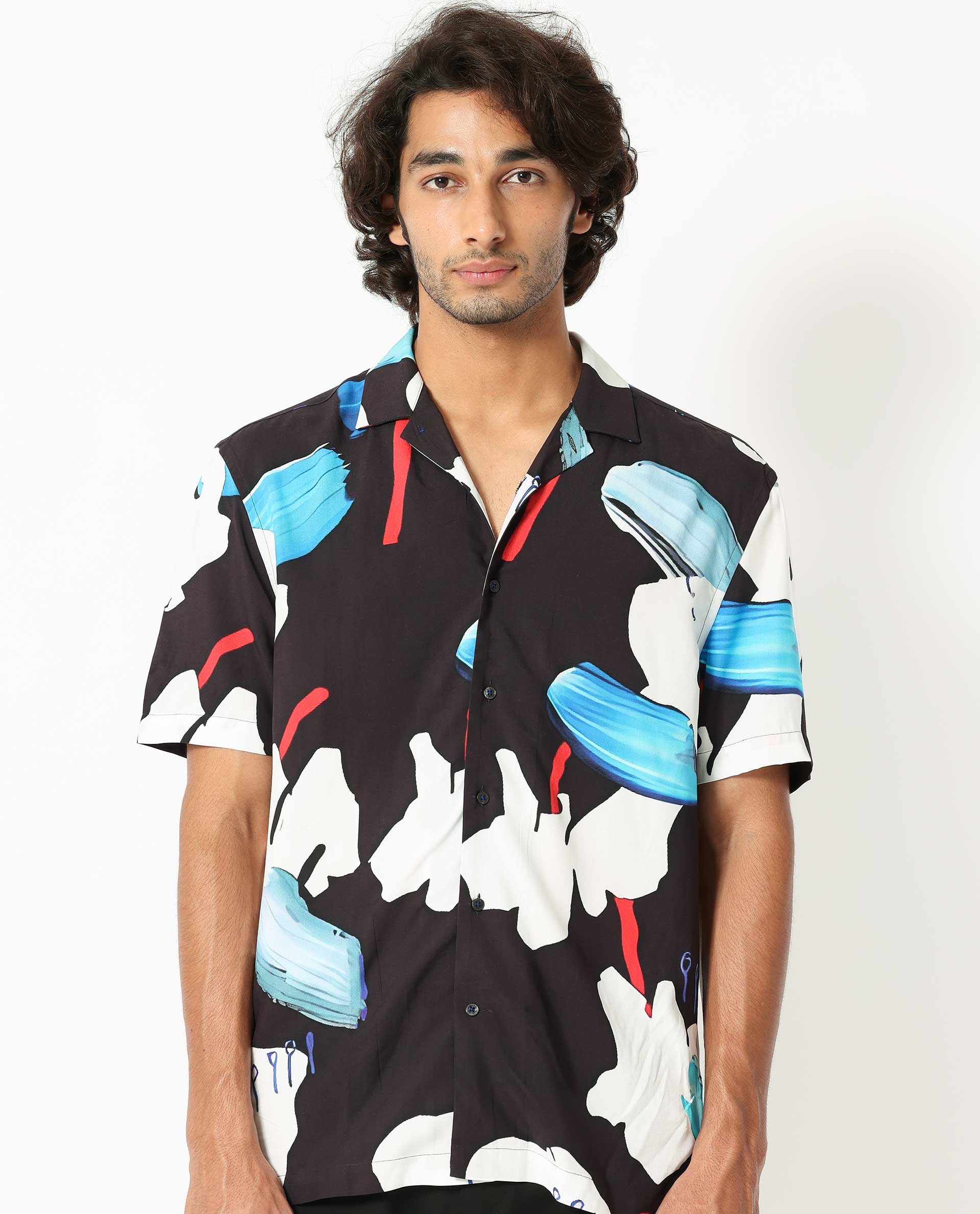 Rare Rabbit Men's Croft Black Viscose Fabric Cuban Collar Abstract Print Half Sleeves Shirt