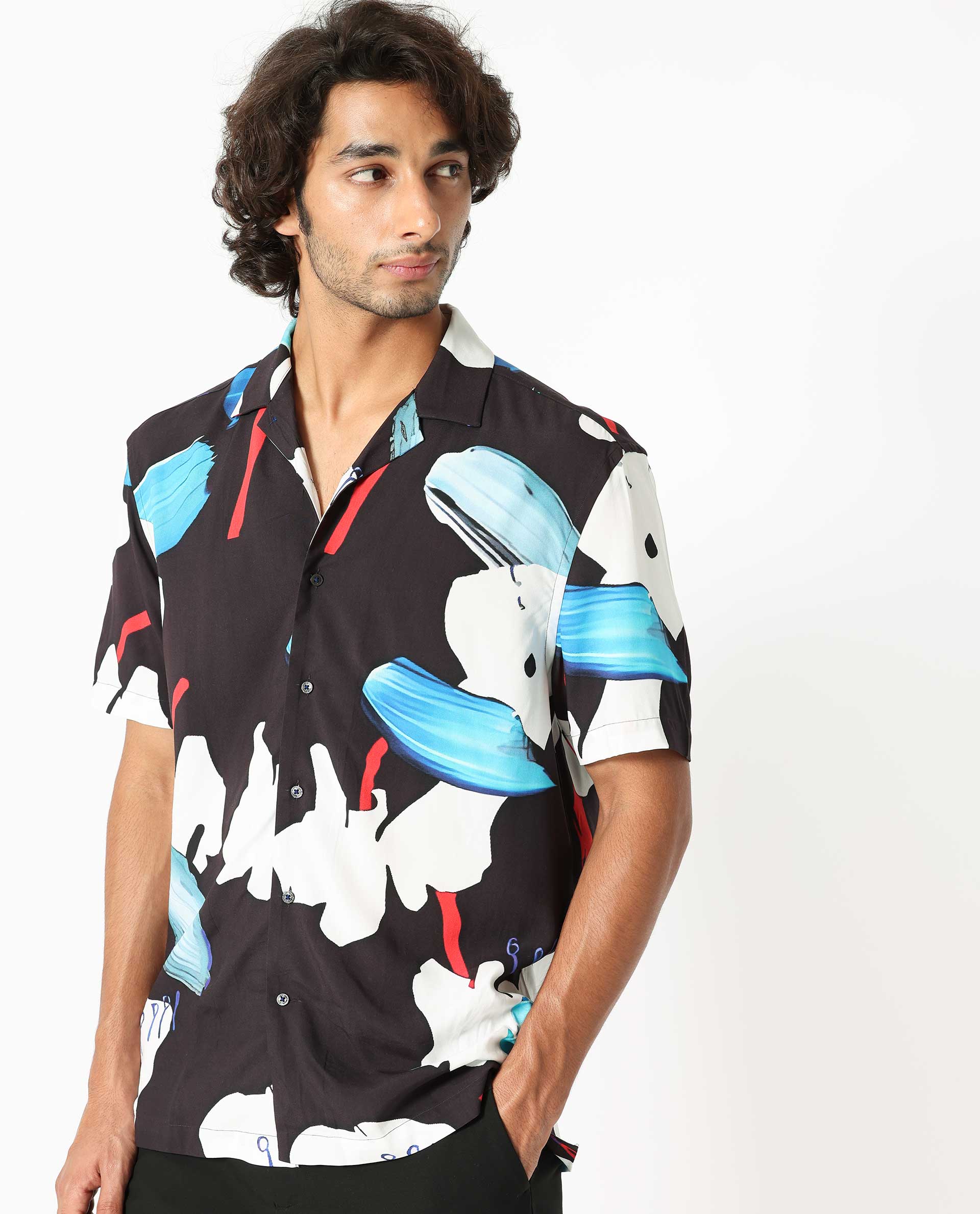 Rare Rabbit Men's Croft Black Viscose Fabric Cuban Collar Abstract Print Half Sleeves Shirt