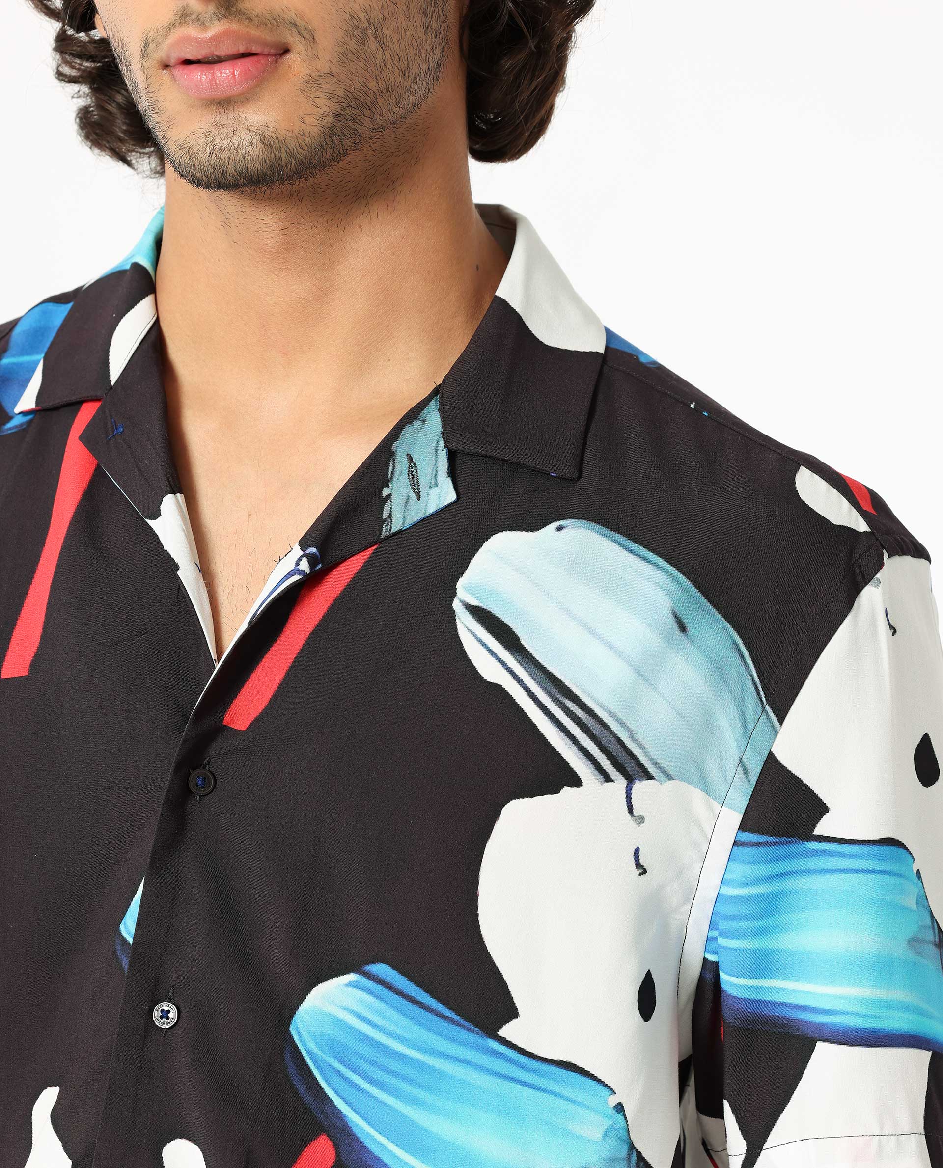 Rare Rabbit Men's Croft Black Viscose Fabric Cuban Collar Abstract Print Half Sleeves Shirt