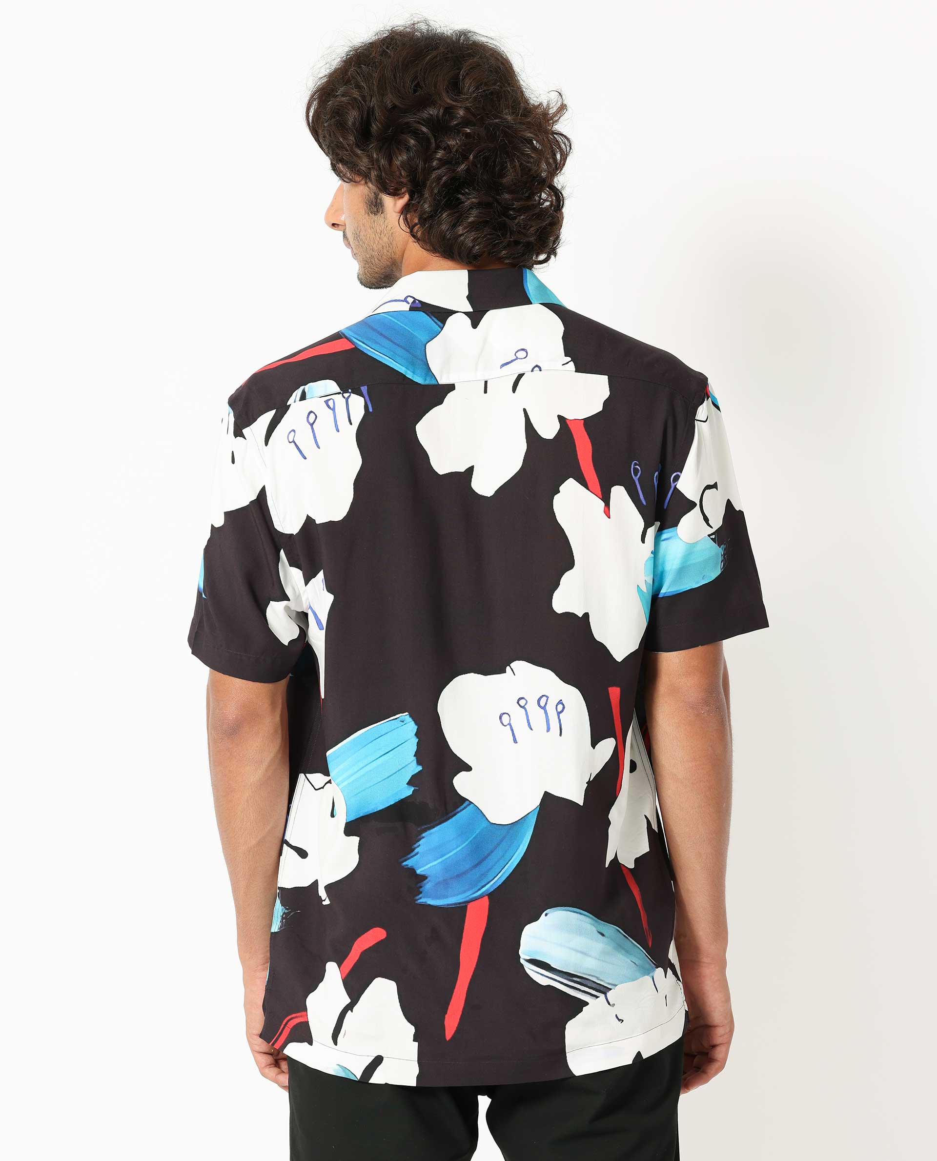 Rare Rabbit Men's Croft Black Viscose Fabric Cuban Collar Abstract Print Half Sleeves Shirt