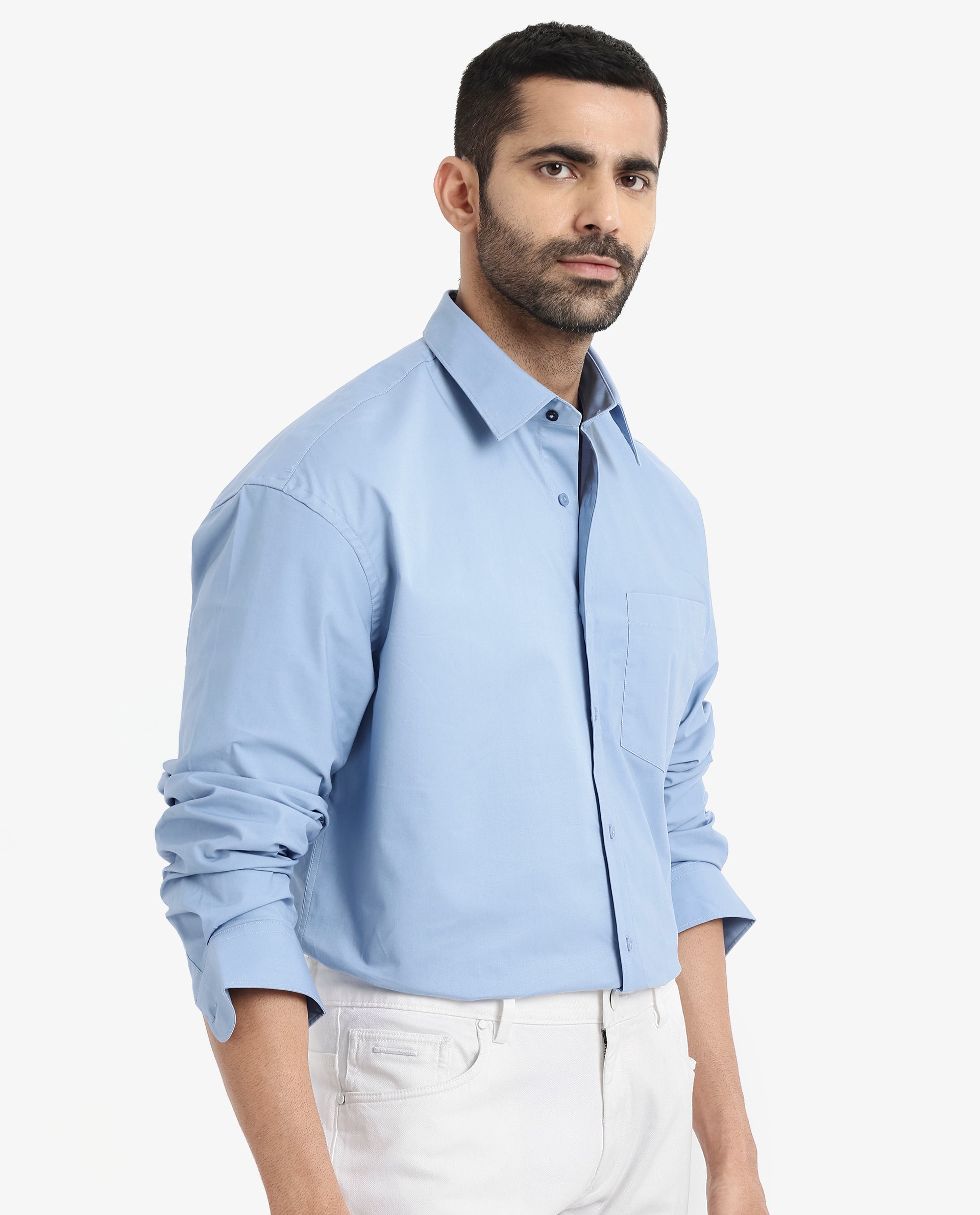 Rare Rabbit Men's Crofty Blue Cotton Lycra Fabric Full Sleeves Collared Neck Regular Fit Plain Shirt